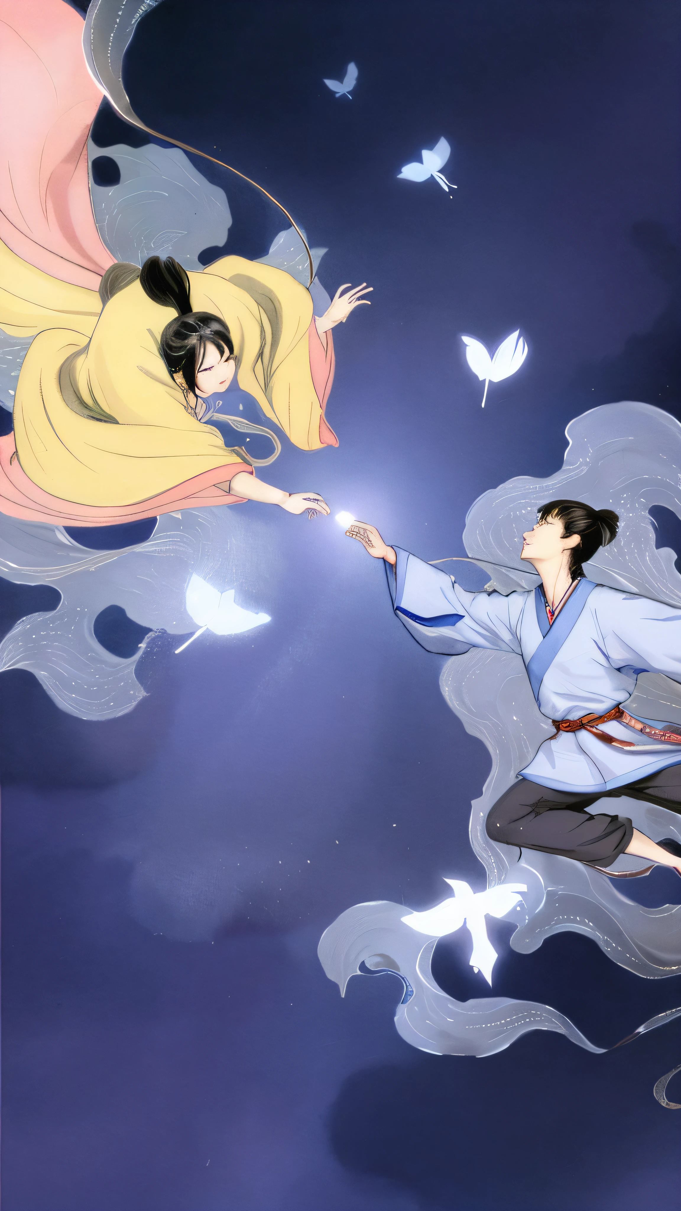 Close-up of a man flying in the air with a kite, Inspired by Seki Dosheng, author:Qu Leilei, by Yang J, Chinese fantasy, xianxia fantasy, author:Qiu Ying, author:Yan Hui, by Ye Xin, heise jinyao, author:Mei Qing, author:Sheng Maoye, author:Park Hua