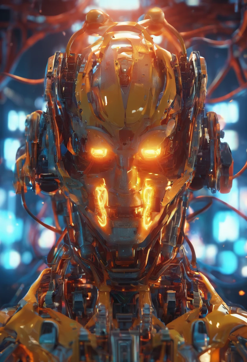 The body of the robot and the face of the person., glowing light eyes, Biomechanical, eerie, Creepy, nightmarish, Very bright colors, Light particles, with light glowing, Mshiv, wallpaper art, UHD wallpaper