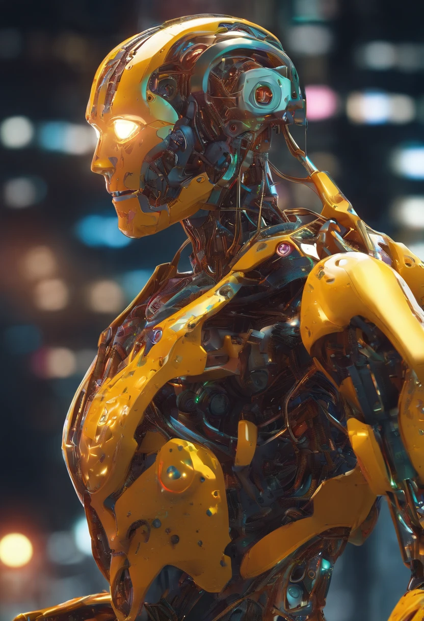 The body of the robot and the face of the person., glowing light eyes, Biomechanical, eerie, Creepy, nightmarish, Very bright colors, Light particles, with light glowing, Mshiv, wallpaper art, UHD wallpaper