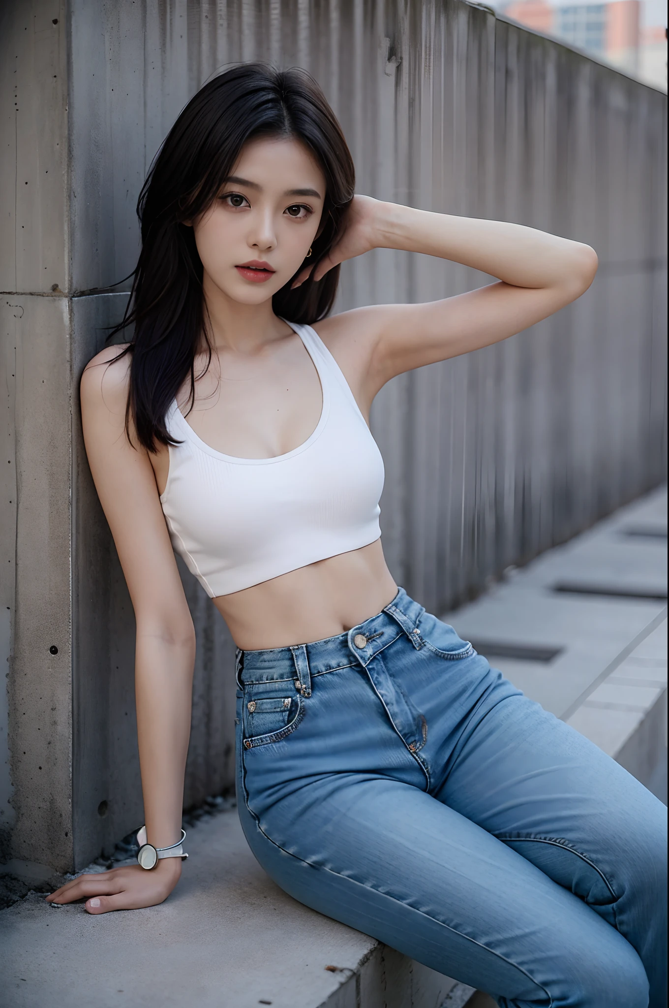 Girl in white bra and tight denim skirt posing for photo, full body, with cropped T-shirt, bra, slim body, smaller bust, slim girl model, 24-year-old female model, lying on the construction site, a group of black men onlooking