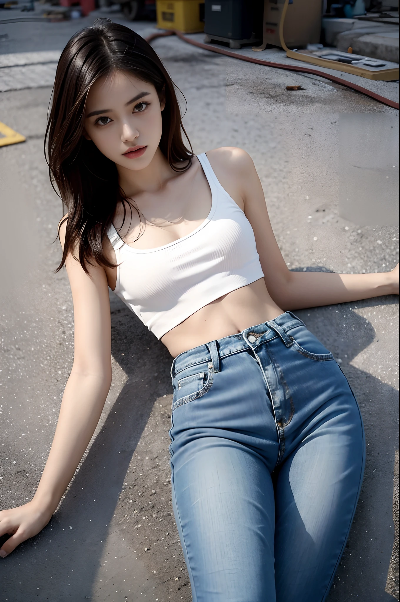 Girl in white bra and tight denim skirt posing for photo, full body, with cropped T-shirt, bra, slim body, smaller bust, slim girl model, 24-year-old female model, lying on the construction site, a group of black men onlooking