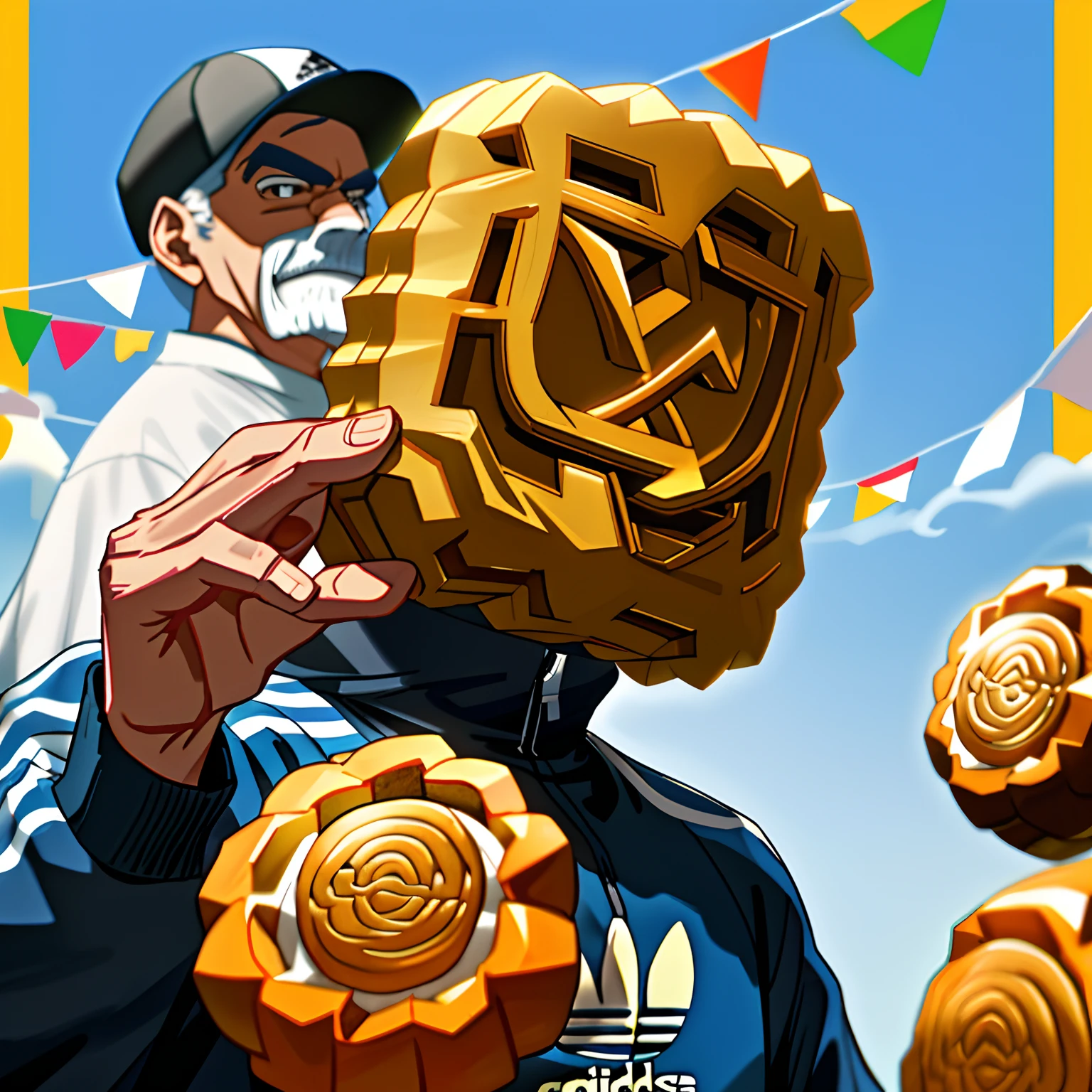 Adidas headquarters in Germany,Tall middle-aged man with eyes,Wear Adidas sportswear,Mooncake in hand,Celebrate the Mid-Autumn Festival。