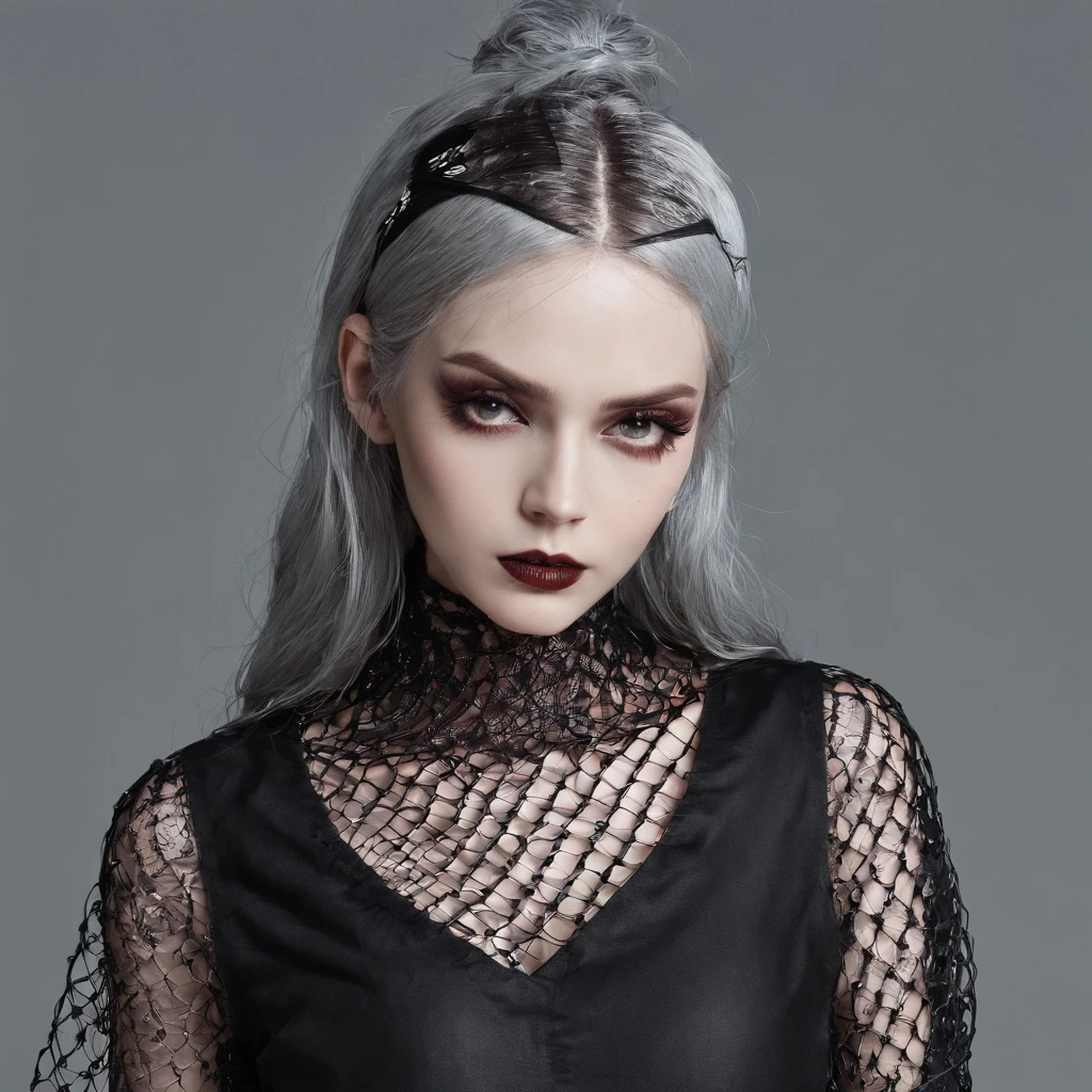 Girl with gothic net symbolic clothes, 。.。.com (Barbed wire of the body) brunette color hair,Gray hair ends