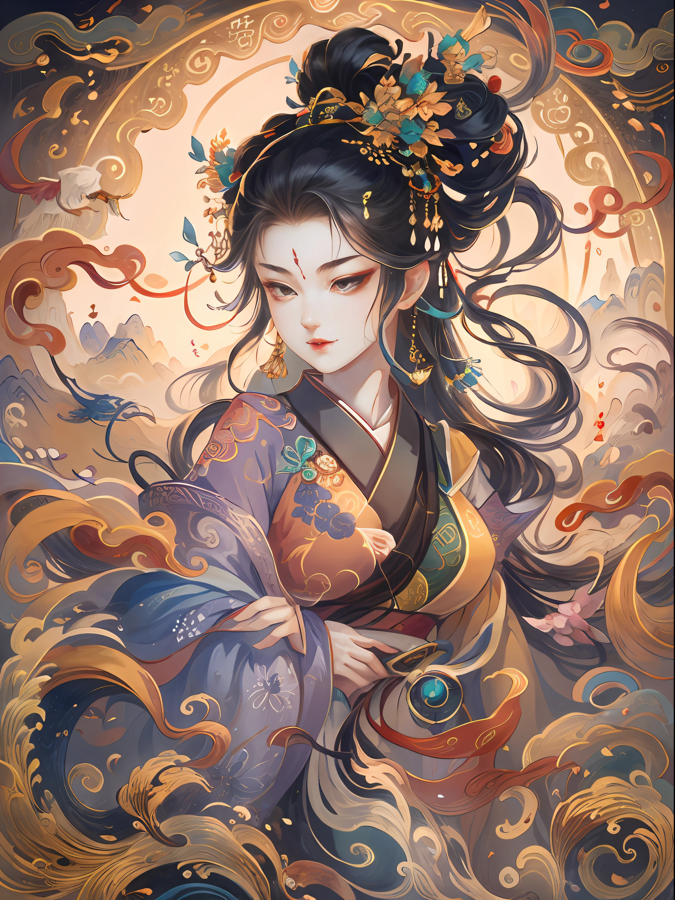 An ancient Chinese painting, Ancient Chinese background,tmasterpiece, super detailing, Epic composition, hyper HD, high qulity, extremely detaile,best qualtiy,(zentangle,Tangled,entangle),(s fractal art:1.4),1girll,Black color hair,chineseidol,cropped shoulders,short skirt,small thighs,nabel,The is very detailed,dynamic angle,cow boy shot,(Chaos in its most beautiful form),flowy,(vivd colour),overclocking,(A half body:1.2),Chinese big breasts,(Wall paintings:1.5),(Ribbons:1.3),(dream magical:1.5),(Hanfu:1.5),chinesedragon,Chinese Phoenix,(ssmile:0.5 ),(chinese deity),