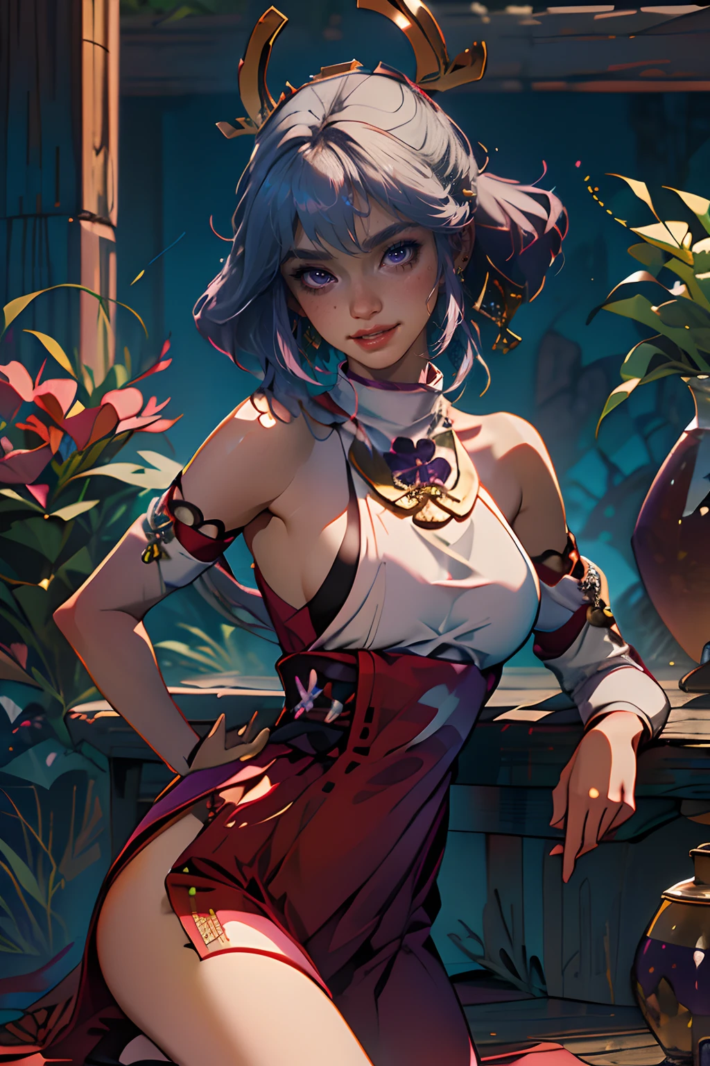 (masterpiece, best quality:1.2), solo, 1girl, yae miko, smile, looking at viewer, seiza, arms crossed, laughing, hair ornament, japanese clothes, sideboob, jewelry, earrings, bare shoulderssimple background