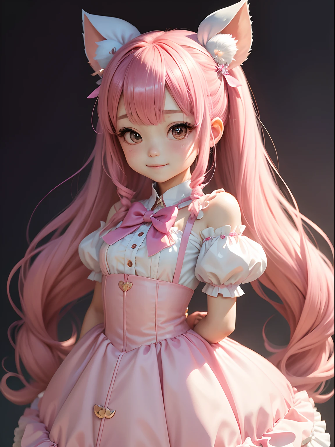 Pink hair、Twin-tailed、,nip le、1 persons,Detailed hair, 独奏, (twitch emote:1), tchibi, Black eyes, comic strip, girl、white backgrounid,、hair adornments、Large bow,、Disney Princess、princess dress、Little girl、A smile