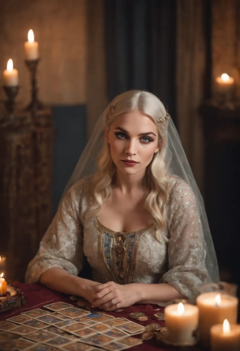 Create a captivating portrait of a gypsy fortune teller sitting at a mystical table adorned with tarot cards spread out in a captivating formation. The fortune teller, a 19-year-old female, should be the central focus of the image. She is seated close to the table, gazing intently at the tarot cards. Her white hair and striking blue eyes should be highlighted. Please use a Sony α7 III camera equipped with a 100mm lens for this shot to ensure a shallow depth of field (low aperture like f/2.8 or f/4) for a beautifully blurred background. The shutter speed should be set to a suitable value to capture the moment without any motion blur. The image should convey the mystery and intrigue of tarot readings.