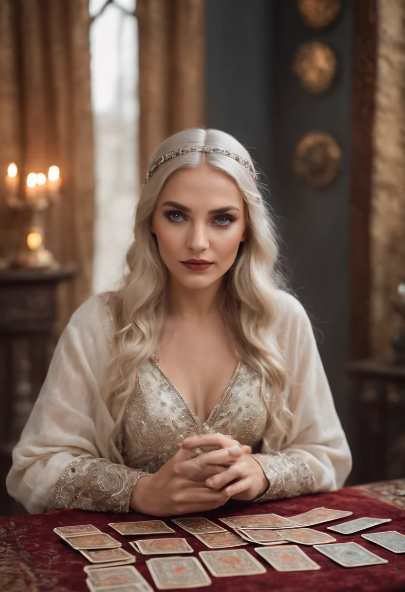 Create a captivating portrait of a gypsy fortune teller sitting at a mystical table adorned with tarot cards spread out in a captivating formation. The fortune teller, a 19-year-old female, should be the central focus of the image. She is seated close to the table, gazing intently at the tarot cards. Her white hair and striking blue eyes should be highlighted. Please use a Sony α7 III camera equipped with a 100mm lens for this shot to ensure a shallow depth of field (low aperture like f/2.8 or f/4) for a beautifully blurred background. The shutter speed should be set to a suitable value to capture the moment without any motion blur. The image should convey the mystery and intrigue of tarot readings.