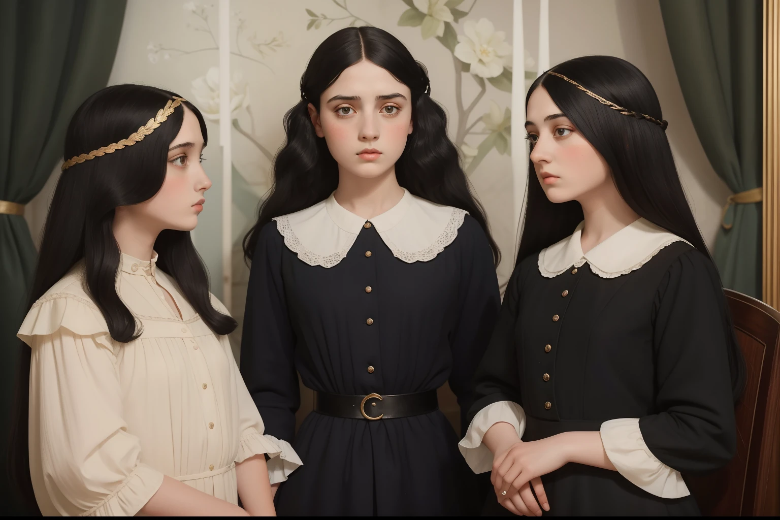 pre-raphaelite scene featuring strong tween triplet sisters, with black hair and black eyes, each one with a distinctive hairstyle and a variety of hair length, different personalities and clothing, 1930s luxury fashion, keeping their distance and looking at each other, enemies, aversion, betrayal, anger and fear, patent hatred between them