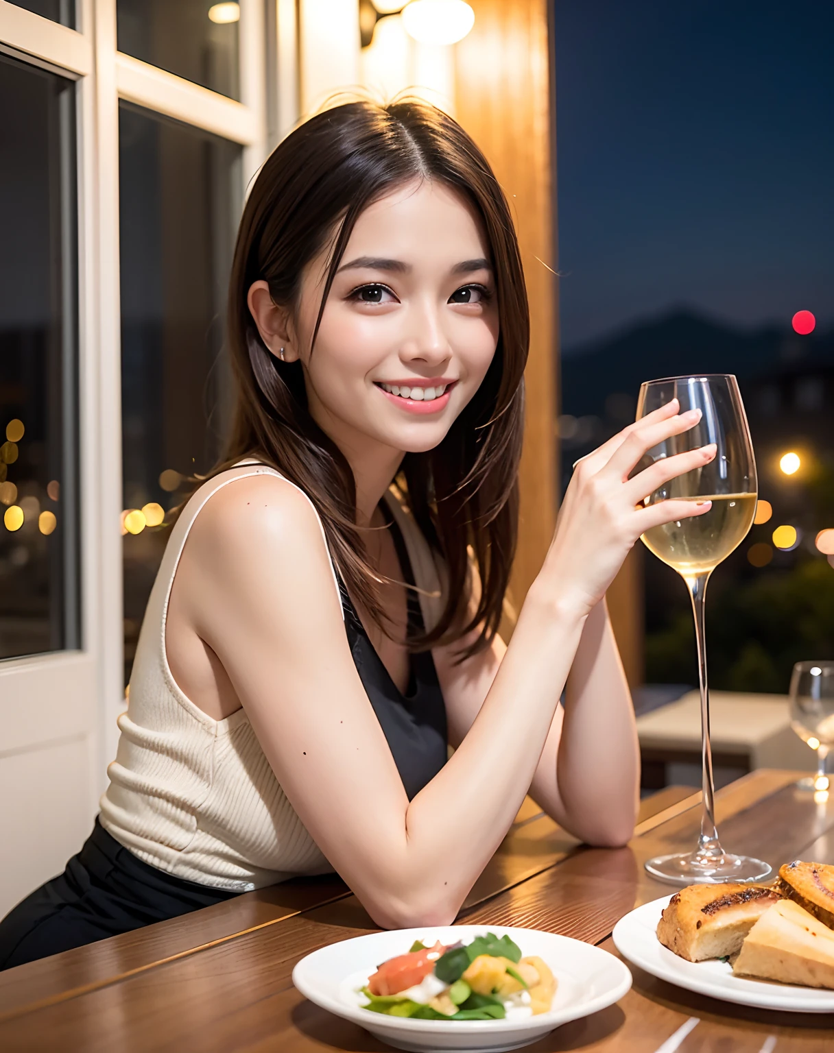 (64K, UHD, top quality, masterpiece: 1.2), (realistic, photorealistic: 1.37), super detailed, pretty woman 1 person, (slim face), (slim body), (brown hair), (short cut), cheeks slightly blushing, (44 years old), 38 years old, solo, beautiful detailed urban night view outside the window, restaurant, wine glasses sit, at night, in a prominent placeNovaFrogStyle, Actress, Model, Waist Up, White Wine, Slim, Wine Glass, Super Clean Night View, Wine Glass Put in the Middle, Happy Smile, (Smile: 1.15), Beautiful Fine Eyes, Upper Body, Bust Japan Up, Night, Short, Short, Actress, Model, Waist Up, White Wine, Slim, Wine Glass, Super Clean Night View, Wine Glass Put in the Middle, Happy Smile,