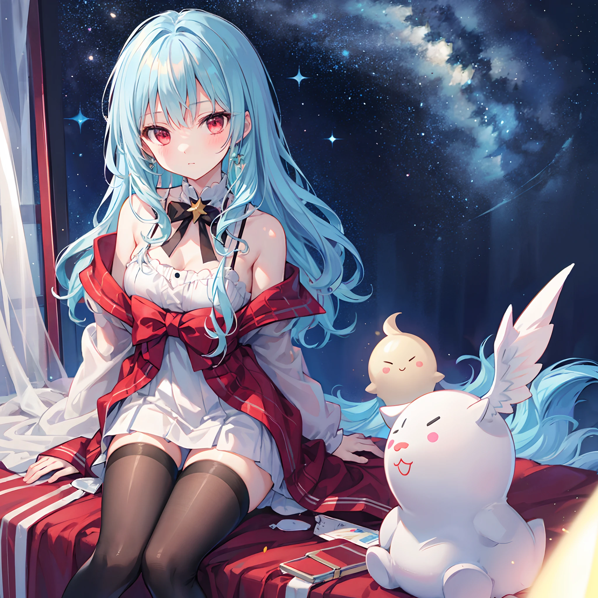 Wavy light blue hair、red eyes、Beautiful girl alone、robe blanche、off shoulders、a miniskirt、Black tights、sitting on、starrysky
