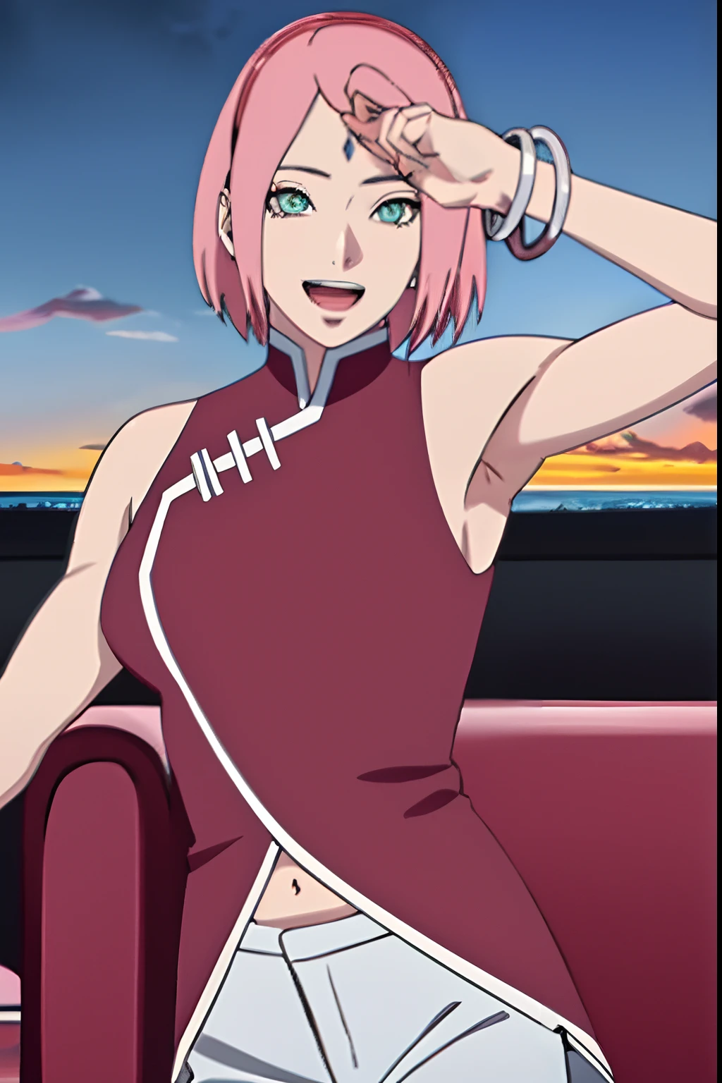 masterpiece, 4k, portrait, cowboy shot, (night), professional artwork, intricate details, colorful, digital blending, (ultra detailed body, ultra detail hair, ultra detail face), trending on pixiv, kind smile, best quality, anime style: 1.9, 1girl, hires, haruno sakura, (forehead mark, milf, red hairband, pale skin, (small breasts), short hair, ((red sleeveless dress,), white pants), (navel, belly button, slender body, slender belly, bracelet, pink hair, (open mouth), big eyes), smile, beach, wind, floating hair, detailed arms, off-shoulders, broad shoulders, (biceps lines), armpit on couch, rips, , fancy couch, relaxing, (hand leaning on couch, laying, talking, looking at the viewer, showing armpit, (talking while showing armpits))