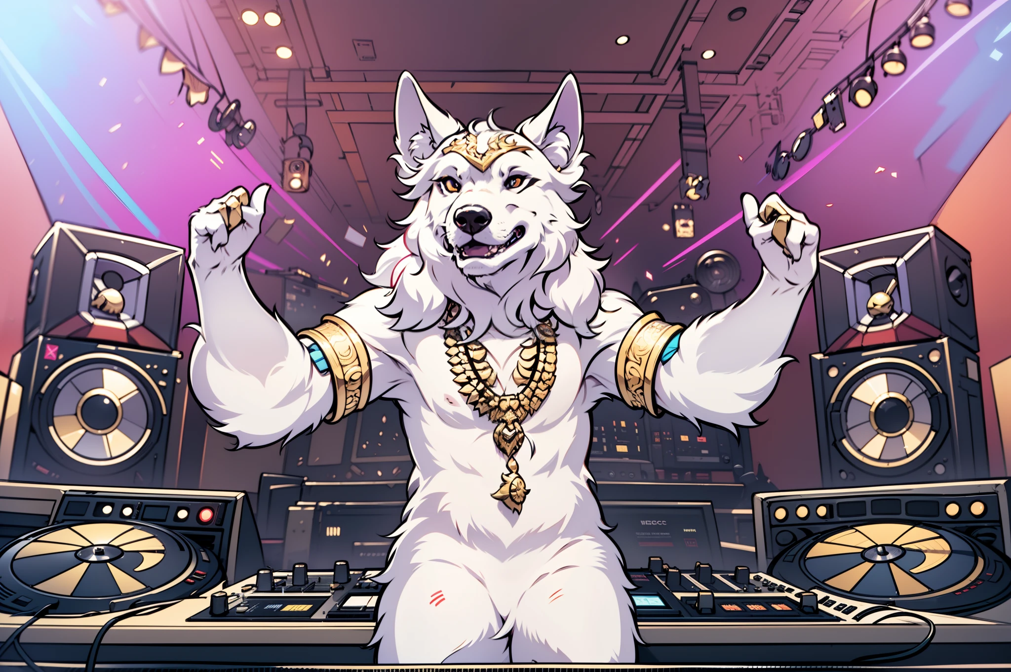 (Ultra-high detail, 16K resolution, movie footage, octane rendering), An anthropomorphic white husky, Wear a T-shirt，necklace gold，hands up to set the mood, hands out of the frame, wearing silver DJ headphones, shiny silver sequined T-shirt, (iconic hip-hop pop outfit :1.3), smiling as he dons the stage. Standing in front of the DJ equipment for a full body shot, the spotlight shines on the female DJ. Disco lighting realistic style photography