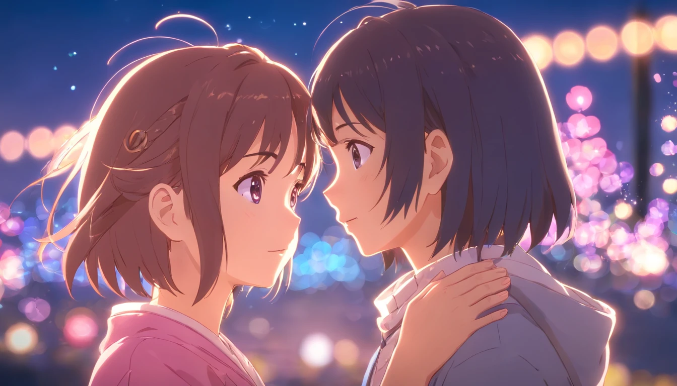 the night,In pink,Fireworks all over the sky,Heart-shaped bubbles,'s couples,Cartoony,Chubby little gd little boy hugach other,Glowing fireflies around,,Cute and cute,KIDS ILLUSTRATION,Glow effects,Dingdall effect,depth of fields,high light,Real light,Ray traching,oc rendered,Hyper-realistic,best qualtiy,8K,Works of masters,super-fine,Detailed pubic hair,Correct anatomy,sharp focus on eyes,Bokeh,Facial features are carefully depicted