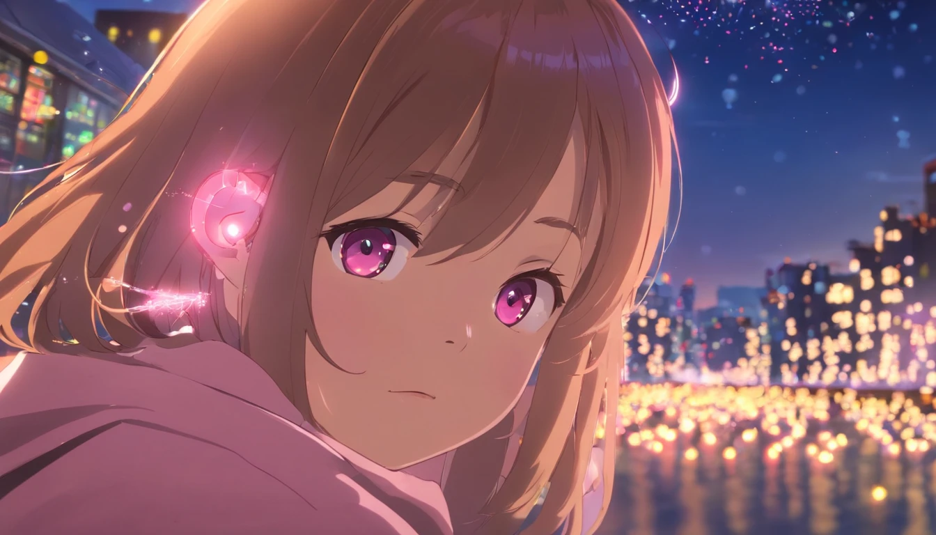 the night，In pink，Fireworks all over the sky，Heart-shaped bubbles，Children's couples，Cartoony，Chubby little girl and little boy hugging each other，Glowing fireflies around，，Cute and cute，KIDS ILLUSTRATION，Glow effects，Dingdall effect，depth of fields，high light，Real light，Ray traching，oc rendered，Hyper-realistic，best qualtiy，8K，Works of masters，super-fine，Detailed pubic hair，Correct ???????，sharp focus on eyes，Bokeh，Facial features are carefully depicted