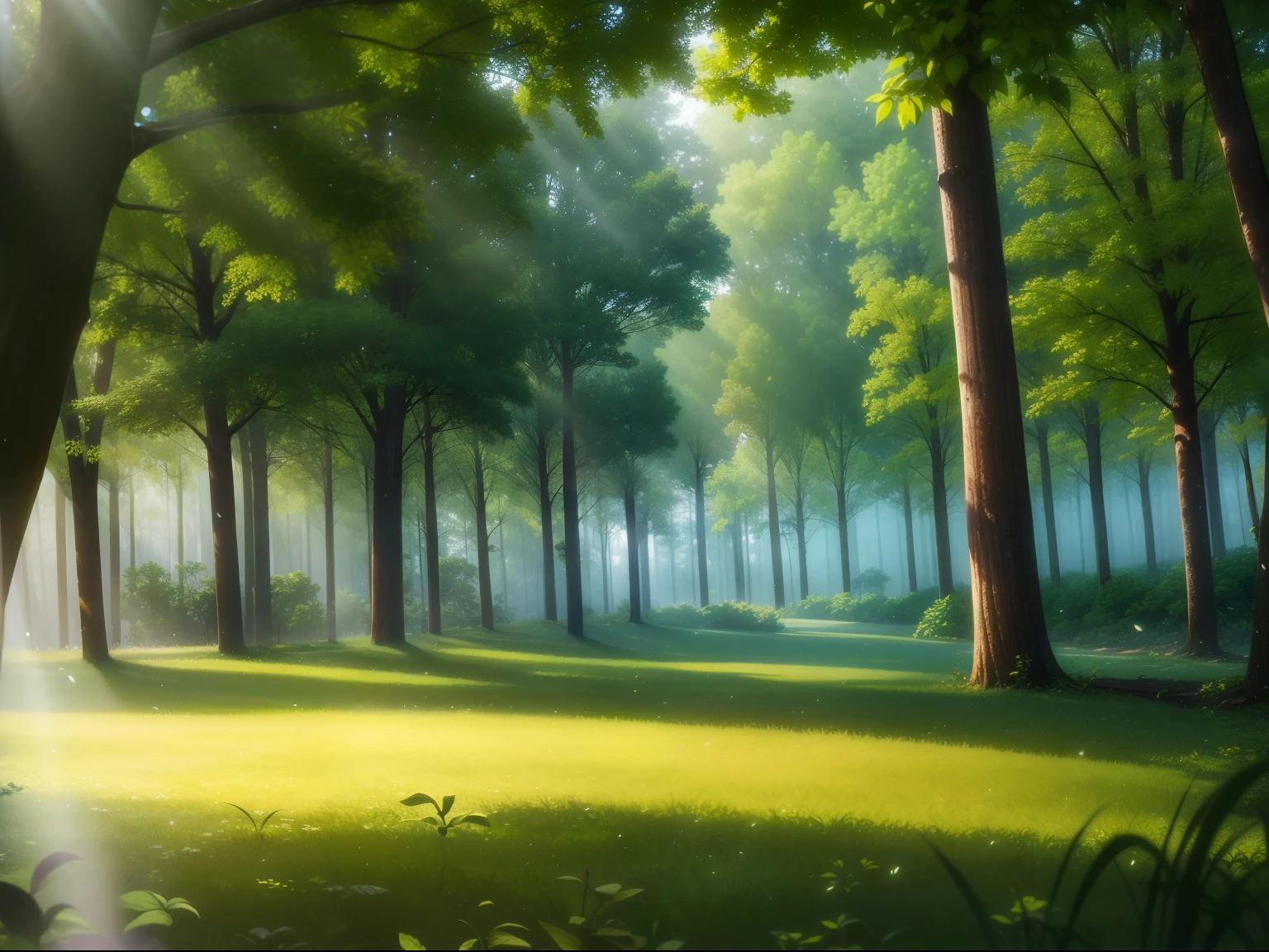 Forest in the morning after rain、Sunlight shines from the upper right