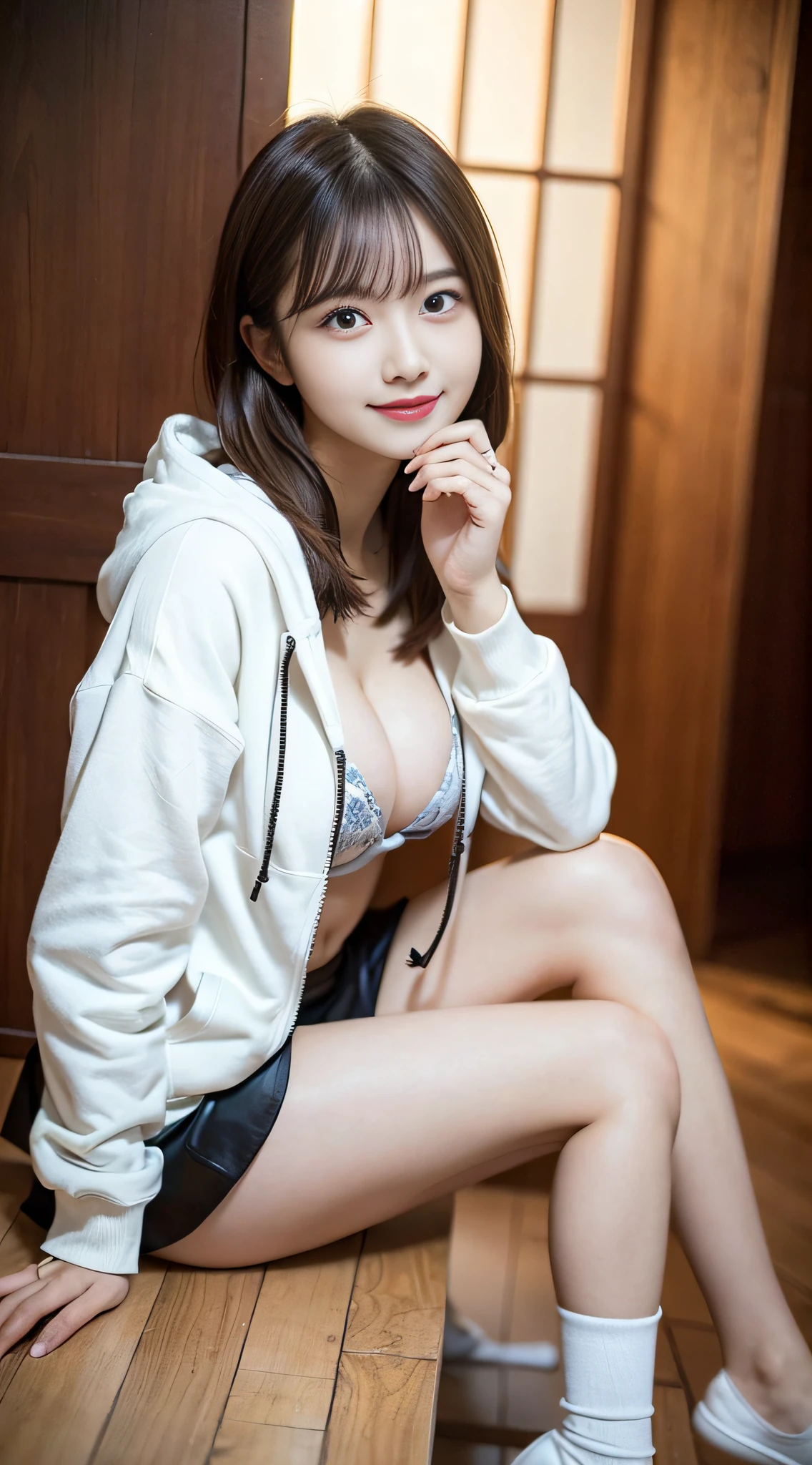 1girl in,Modern room,the panorama,(((From below))),((Feet)),Leaning back,Sitting,crossed legs,beautiful foot,Beautiful legs,(sit on a chair with one's legs crossed),(Legs spread pose)),(((Full body))),(Hoodie:1.4)、Hoodie with open chest,((Wearing a tight white mini skirt)),(Slender body),A little underwear is visible,White underwear, model with attractive body, (Colossal tits), ((cleavage of the breast)),(( nippleless)),Japan Person Model,(((Beautiful expression))),(((big eye))),(((Beautiful eyes))),(((long lashes))),((Beautiful teeth alignment)),Sultry body with sexy belly, Gorgeous young Korean woman, Japanese Models, gorgeous chinese model, Attractive body, Beautiful Asian Girl, photo of slim girl model, beautiful Korean women, Beautiful young Korean woman, Sexy body, Sexy Girl, Beautiful body and face, Korean Girl、Sensual black underlight brown hair, Brown hair, Floating hair, oblique bangs, asymmetrical bangs, ssmile, depth of fields, One-person viewpoint,85 mm, canon, F/1.2, foreshortening, nffsw, retinas, masutepiece, ccurate, Anatomically correct, Textured skin, Super Detail, high details, High quality, awardwinning, Best Quality, hight resolution, 1080p, hard disk, 4K, 8K,((FULL ANATOMY)),bob cuts,Smile,Wearing a hood