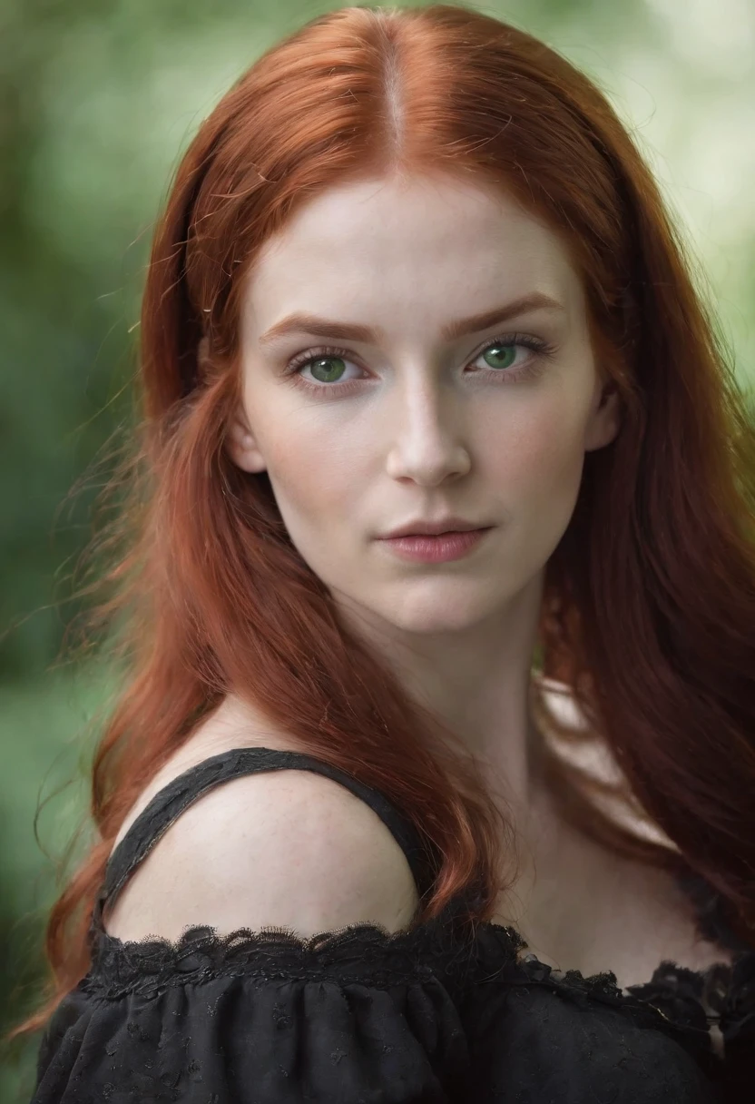 (((Red-haired witch))) Fair complexion, A woman around 19 years old, Unique green eyes, medieval times,cloaks