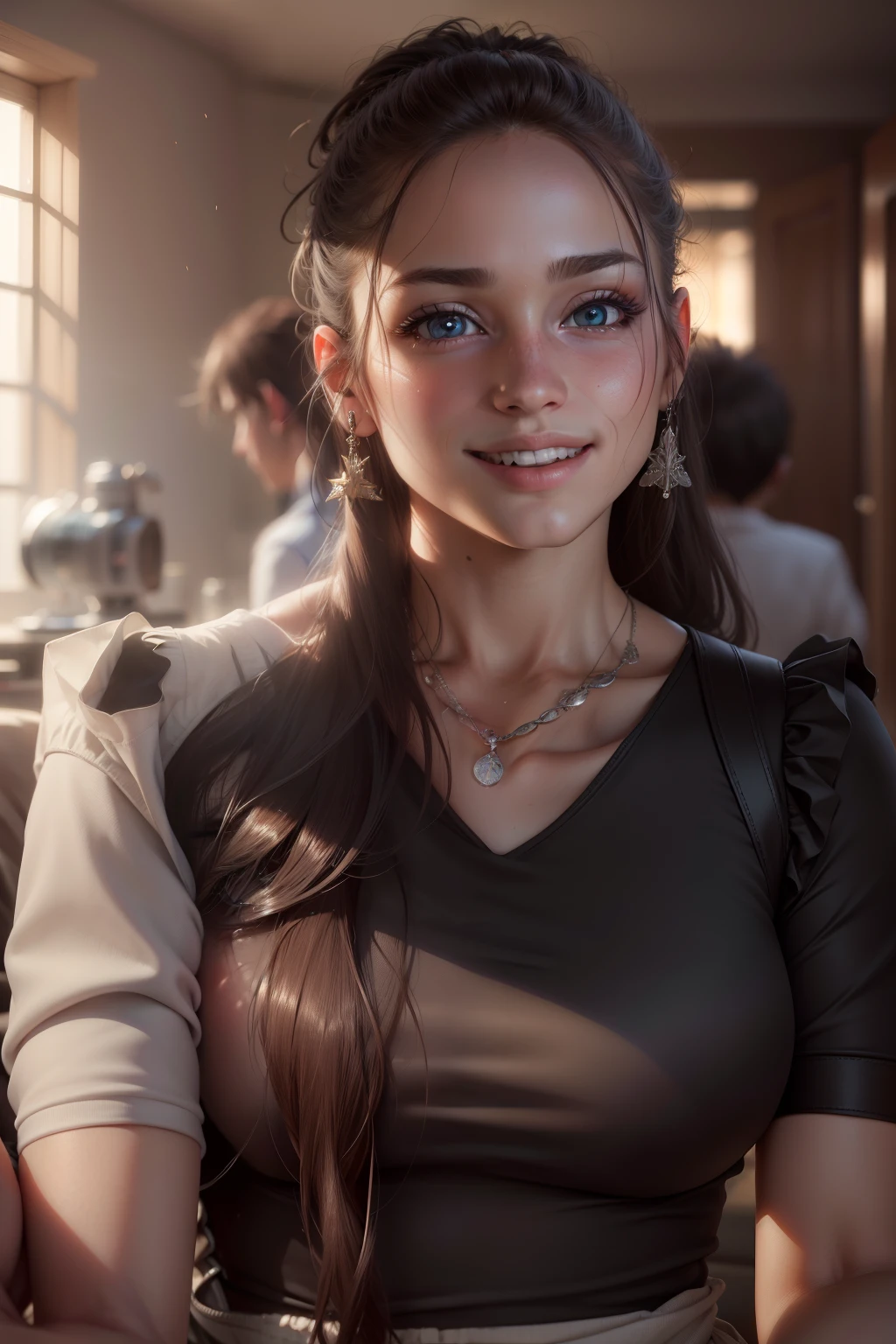 (realistic, photo-realistic:1.37),(8k, RAW photo, best quality, masterpiece:1.2), cute, ultra-detailed,heart-shaped pupils,physically-based rendering, ultra high res, kodakvision color, shot on Arricam LT Camera, bokeh, sharp focus,
looking at viewer,photorealistic,realistic, solo, photorealistic, best quality,extremely detailed face,extremely detailed eyes and face, beautiful detailed eyes,absurdres, incredibly absurdres,haunting smile,Messy hair, floating hair, ,
