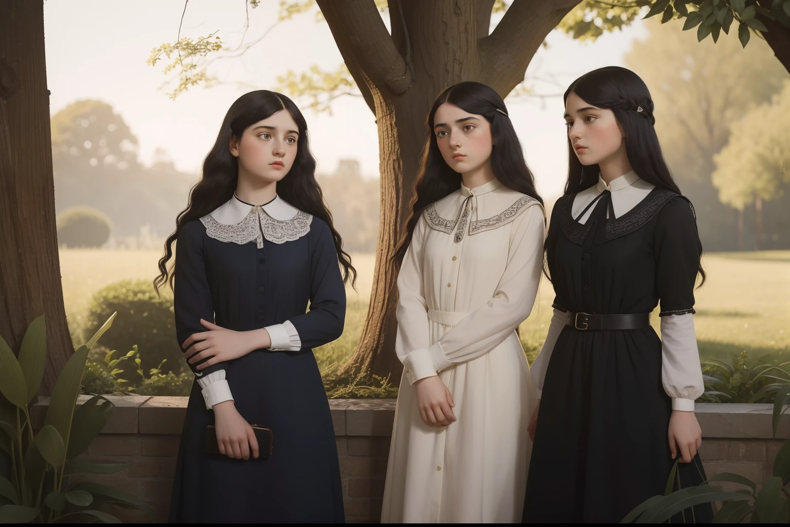 pre-raphaelite scene featuring strong 14-year-old triplet sisters, with black hair and black eyes, each one with a distinctive hairstyle and a variety of hair length, different personalities and clothing, 1930s luxury fashion, keeping their distance and looking at each other, enemies, aversion, betrayal, anger and fear, patent hatred between them