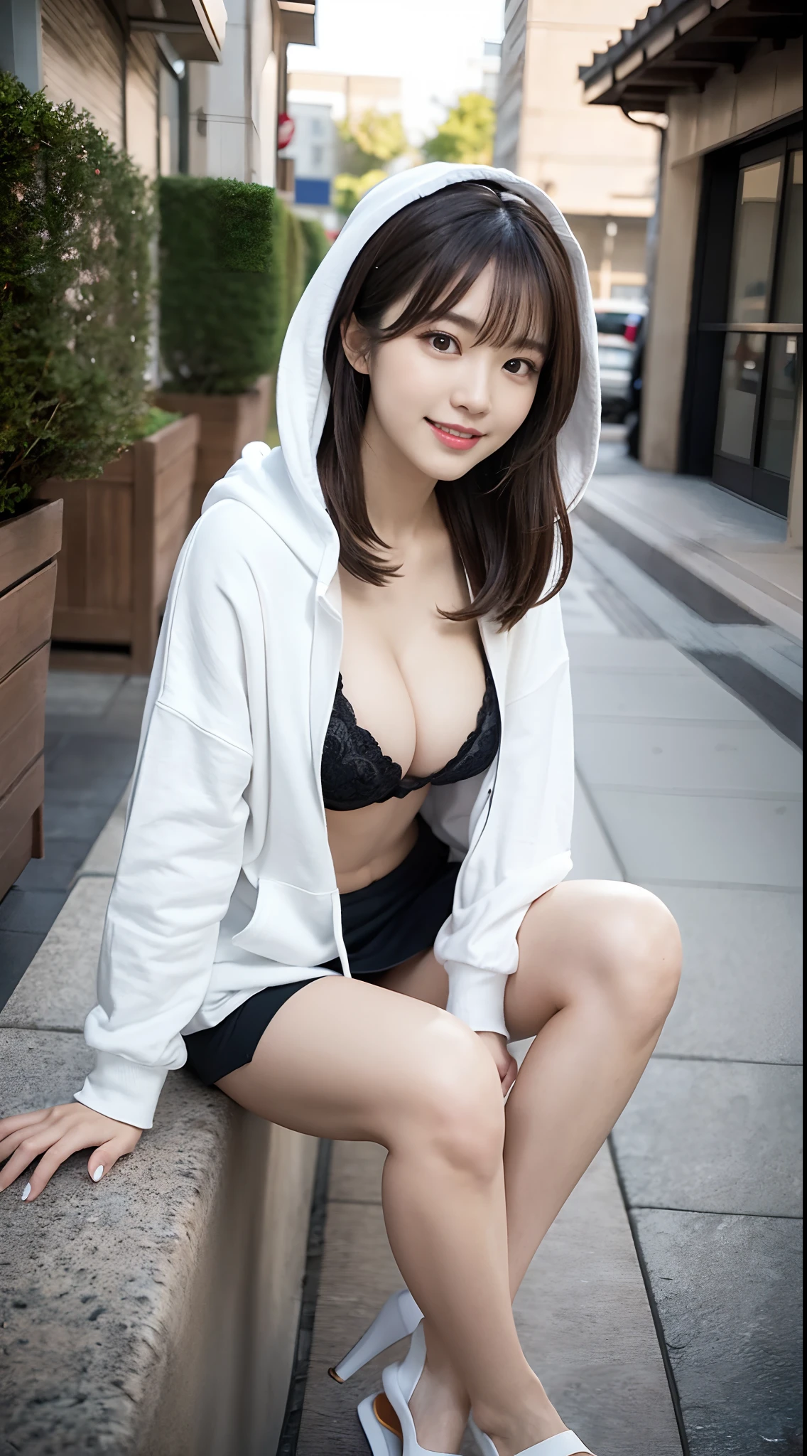 1girl in,Modern room,the panorama,(((From below))),((Feet)),Leaning back,Sitting,crossed legs,beautiful foot,Beautiful legs,(sit on a chair with one's legs crossed),(Legs spread pose)),(((Full body))),(Hoodie:1.4)、Hoodie with open chest,((Wearing a tight white mini skirt)),(Slender body),A little underwear is visible,White underwear, model with attractive body, (Colossal tits), ((cleavage of the breast)),(( nippleless)),Japan Person Model,(((Beautiful expression))),(((big eye))),(((Beautiful eyes))),(((long lashes))),((Beautiful teeth alignment)),Sultry body with sexy belly, Gorgeous young Korean woman, Japanese Models, gorgeous chinese model, Attractive body, Beautiful Asian Girl, photo of slim girl model, beautiful Korean women, Beautiful young Korean woman, Sexy body, Sexy Girl, Beautiful body and face, Korean Girl、Sensual black underlight brown hair, Brown hair, Floating hair, oblique bangs, asymmetrical bangs, ssmile, depth of fields, One-person viewpoint,85 mm, canon, F/1.2, foreshortening, nffsw, retinas, masutepiece, ccurate, Anatomically correct, Textured skin, Super Detail, high details, High quality, awardwinning, Best Quality, hight resolution, 1080p, hard disk, 4K, 8K,((FULL ANATOMY)),bob cuts,Smile,Wearing a hood