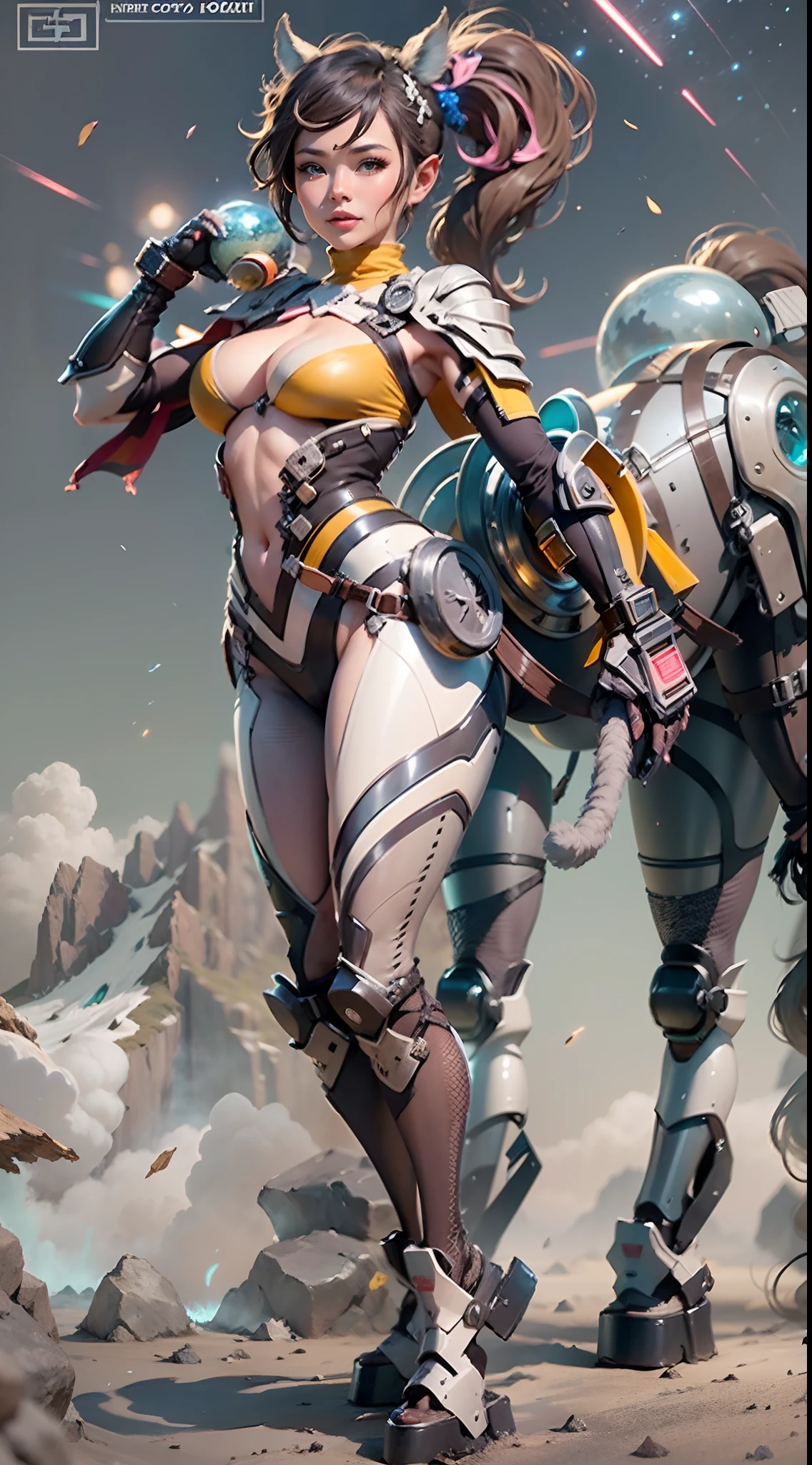 In a very grand scene,The extra-large wide-angle lens captures the appearance of a female centaur。She is tall,It has the ultimate curvy beauty,The muscles are slender and firm,Beautiful lines。Her facial features are tough and coquettish,Always with a sunny smile。She wears special tight-fitting equipment with a strong sense of technology,Step on multifunctional off-road style heels,Delicate and practical protective gear is worn on the hands, feet, wrists, neck and shoulders。The detection equipment around you flashes various cue lights and neon-like information screens,Let her exude a charming brilliance。Use Midjourney's advanced tools,Design special tight-fitting equipment for female centaurs,Highlight her unique physiological characteristics and appearance details,Add realism。And in her adventure scene,Spectacular views of nature,Such as the sky where storms and sunny days alternate、Brilliant rivers of stars and auroras、The snow-capped summit of Mount Everest、Fireworks in the mountain town, etc。ao mesmo tempo,Away from the hustle and bustle of Long Beach Pier is a neon-lit spaceship docked,Create a fantastic scene。Use Midjourney's advanced tools and multiple color palettes、Brush Strokes、Texture tools and model packages,It shows a sense of atmosphere where beauty and charm coexist。The charm of the female centaur is highlighted through color and lines,Enhance realism with detailing,Create a surreal dreamy feeling。Additionally,Use Midjourney's tools to add a variety of extreme sports gear and cultural trinkets to the female centaur,Create intricate hairstyles and outfits,Give her a sense of premium。She never flinches,Regardless of the terrain,can respond quickly,Even the extreme geography and dangerous terrain of aliens cannot stop her。Use Midjourney's powerful tools,You can do it with incredible detail and beauty,Bring this ultra-grand and beautiful scene to life。Ultra-grand scenes,super wide shot, hdr,(真实感,Masterpiece quality,best qualtiy),