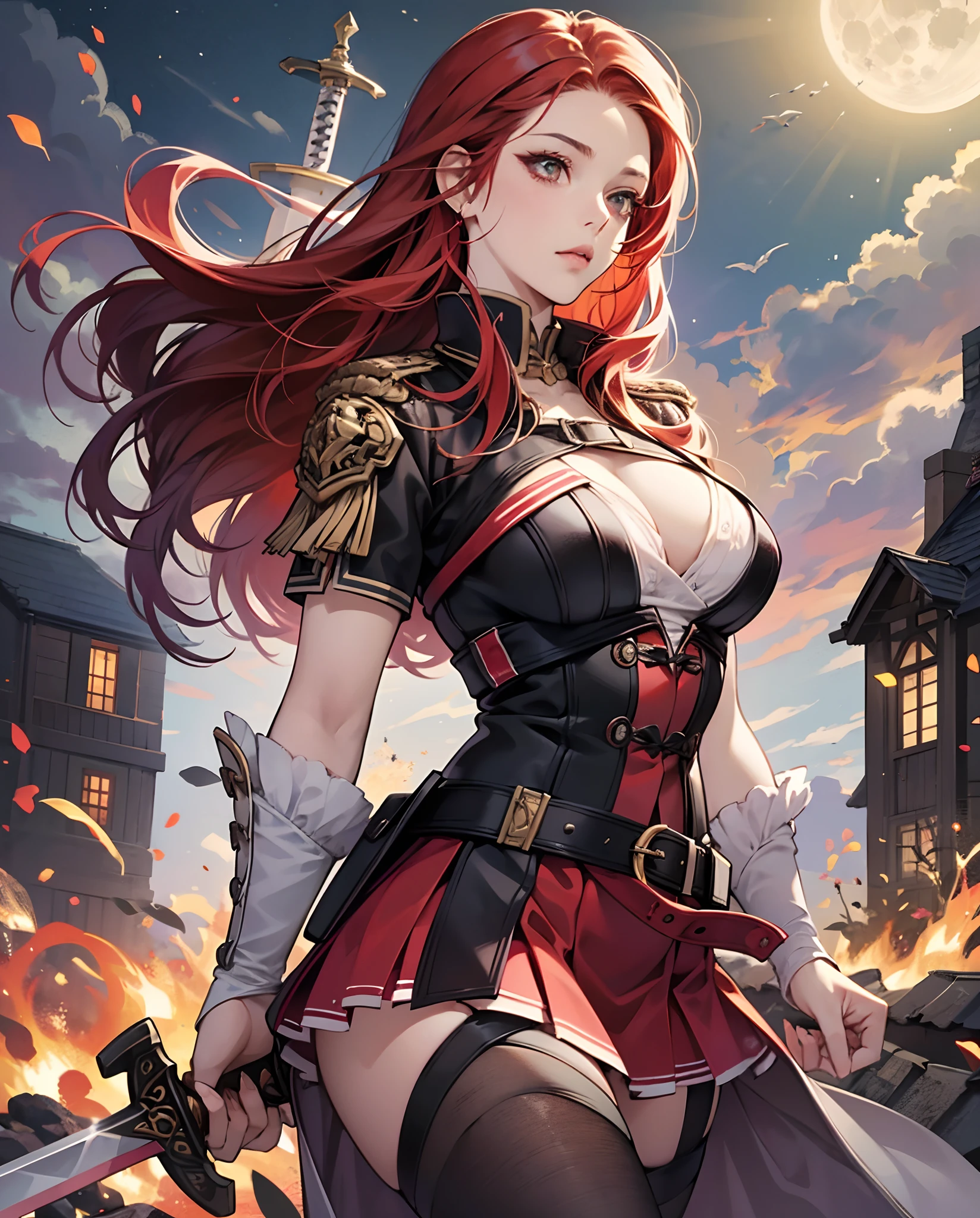Best quality image , Young woman , 21 years old , bright red hair , beautiful detailed face , beautiful figure , lush breasts , miniskirt , female assassin , with two short swords in both hands , full-length on the roof in the moonlight --auto --s2
