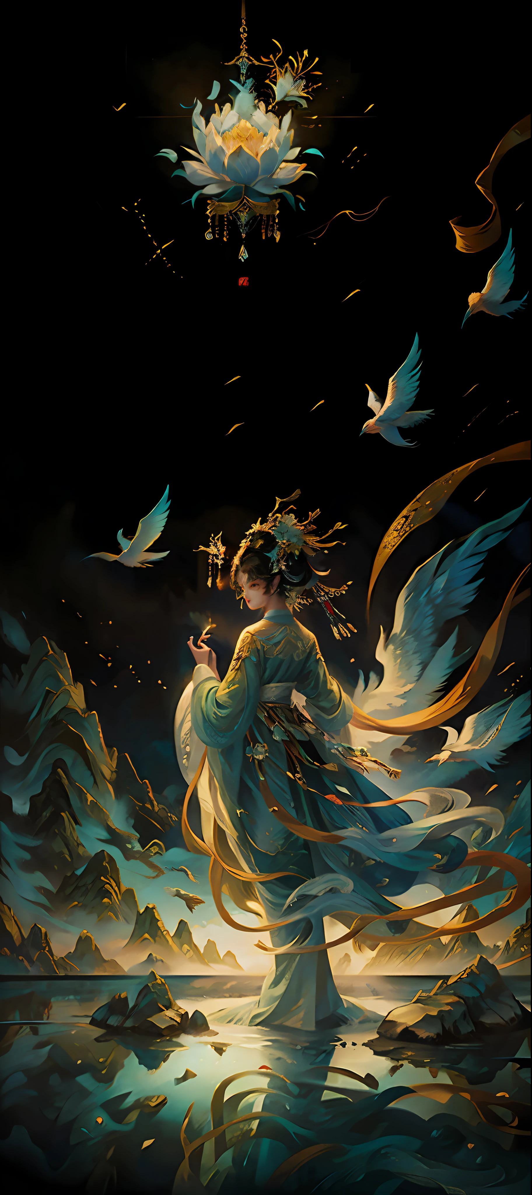 offcial art,Chinese goddess,Stand in the midst of a magnificent landscape,The sun overhead,Dressed in gorgeous fairy outfits,Fold your hands,Overlooking the mountains,The lake is turquoise。Birds sing,Flowers bloom,(Extremely detailed:1.4),tmasterpiece,super-fine,best qualtiy,8K分辨率,