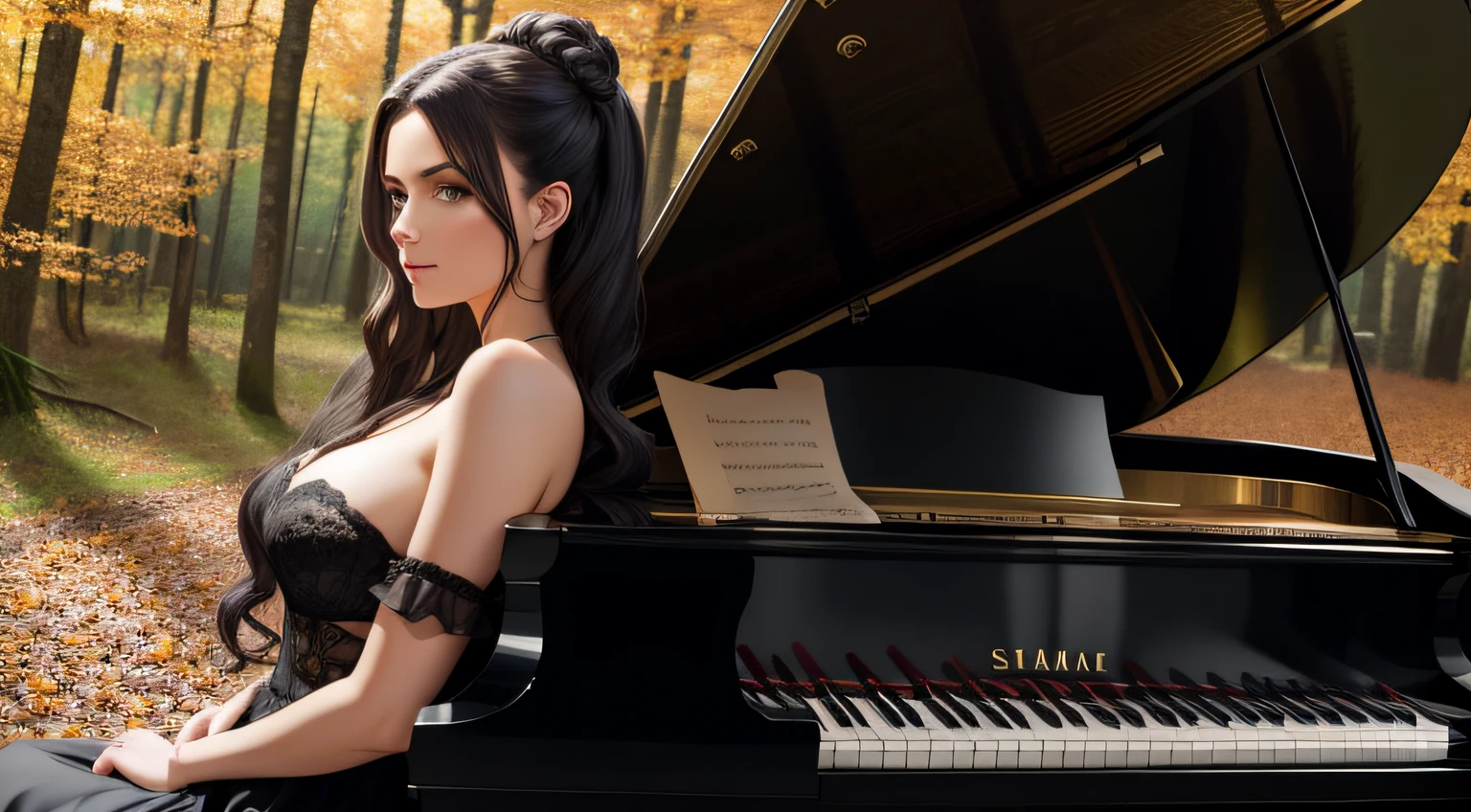 Frau schwarze haare von hinten, piano, sexy, herbst wald im hintergrund