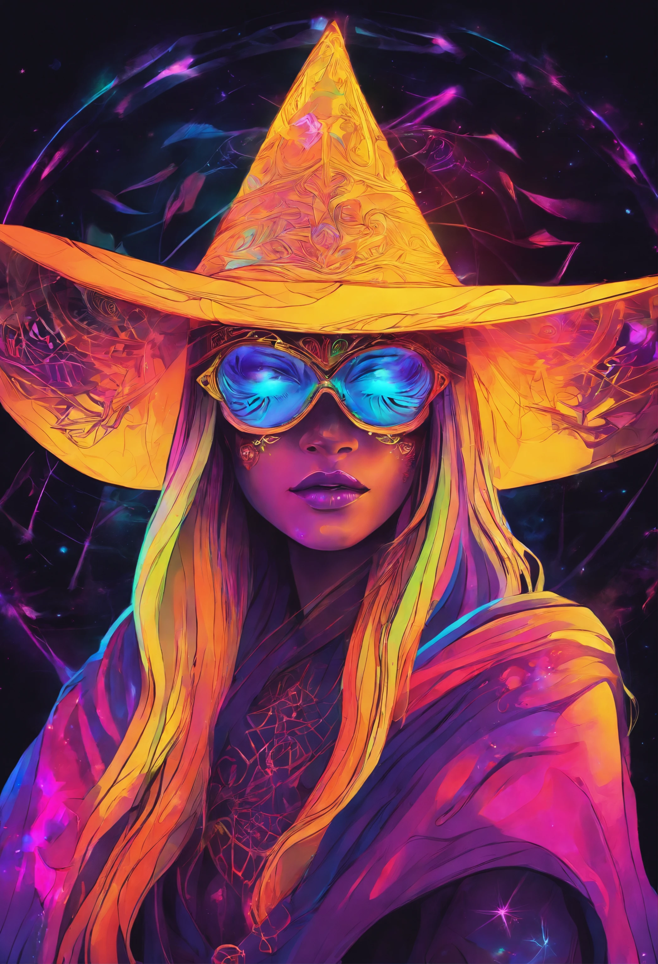 a rave witch girl wearing neon mask, Shape X on her eyes, sewn mouth dancing under a black light. blacklight neon Trippy Psytrance Blacklight UV reactive cape and witch hat rave party room