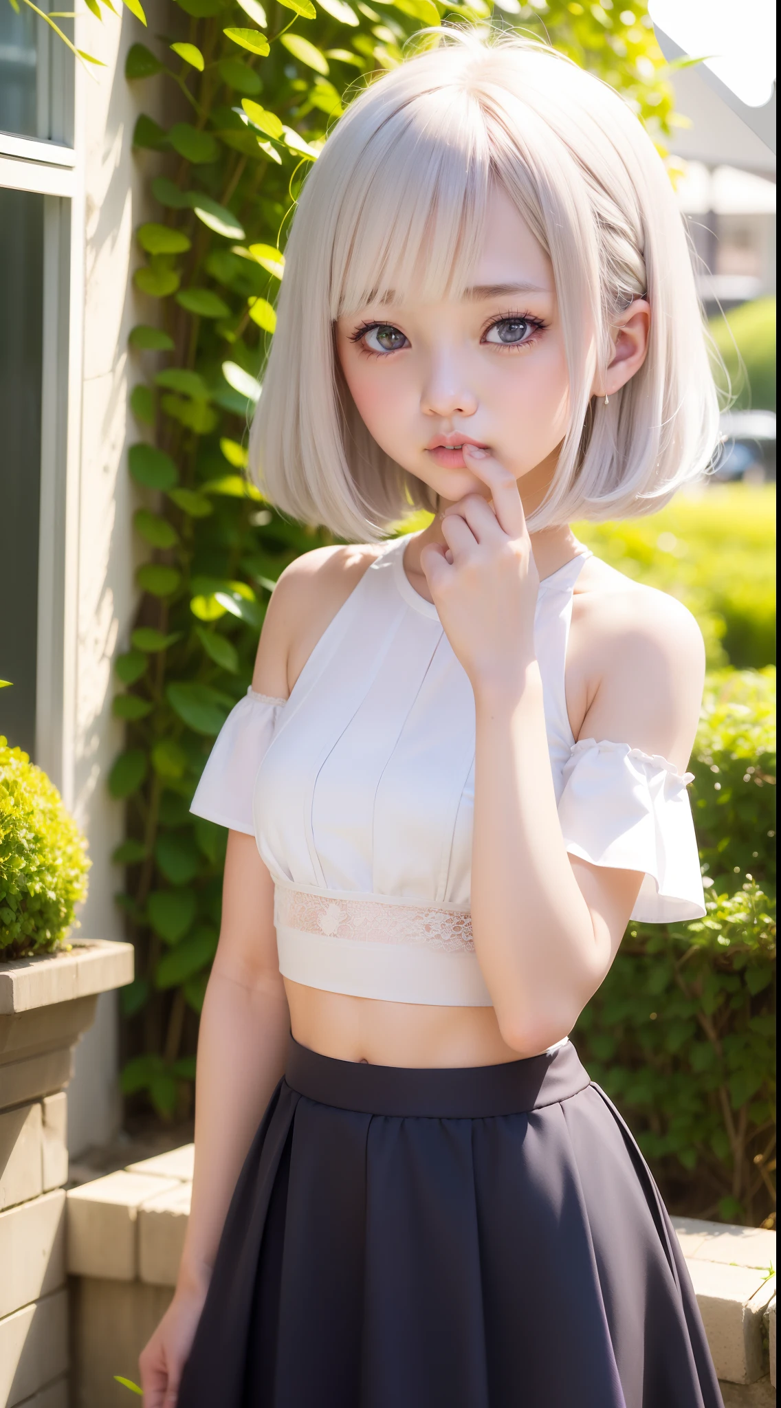 A adorable cute little girl with blue eyes standing, wearing blue dress, pale skin, smooth pale skin, skin tune pink, cute face, white hair, ponytail hair, super detailed, 8k
