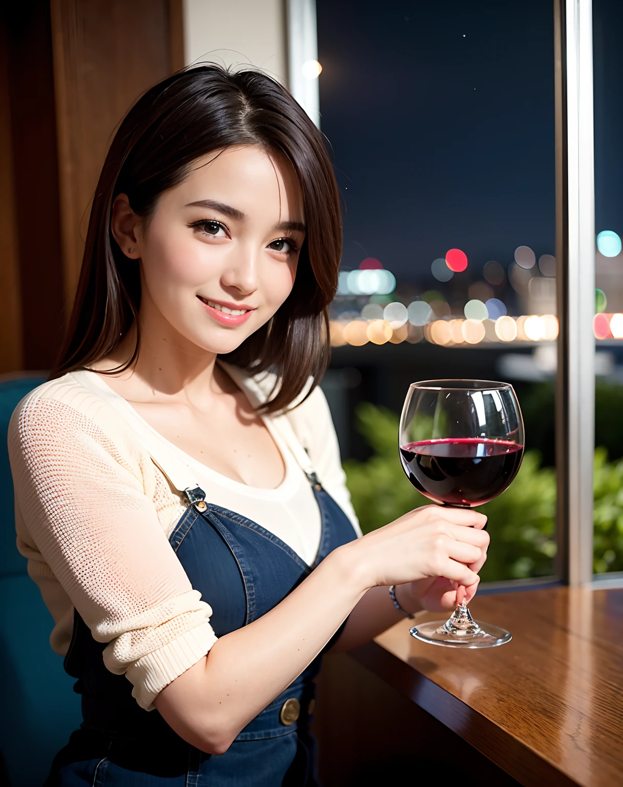 (64K, UHD, top quality, masterpiece: 1.2), (realistic, photorealistic: 1.37), super detailed, pretty woman 1 person, (slim face), (slim body), (brown hair), (short cut), cheeks slightly blushing, (44 years old), 38 years old, solo, beautiful detailed urban night view outside the window, restaurant, wine glasses sit, at night, in a prominent placeNovaFrogStyle, Actress, Model, Waist Up, White Wine, Slim, Wine Glass, Super Clean Night View, Wine Glass Put in the Middle, Happy Smile, (Smile: 1.15), Beautiful Fine Eyes, Upper Body, Bust Japan Up, Night, Short, Short, Actress, Model, Waist Up, White Wine, Slim, Wine Glass, Super Clean Night View, Wine Glass Put in the Middle, Happy Smile,