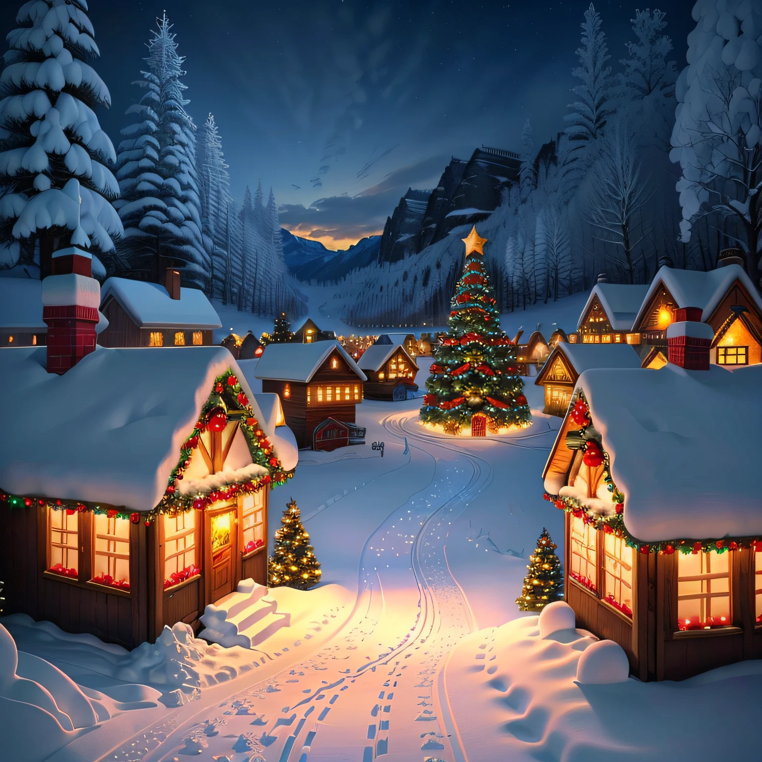 Snow village during winter. Christmas decorations