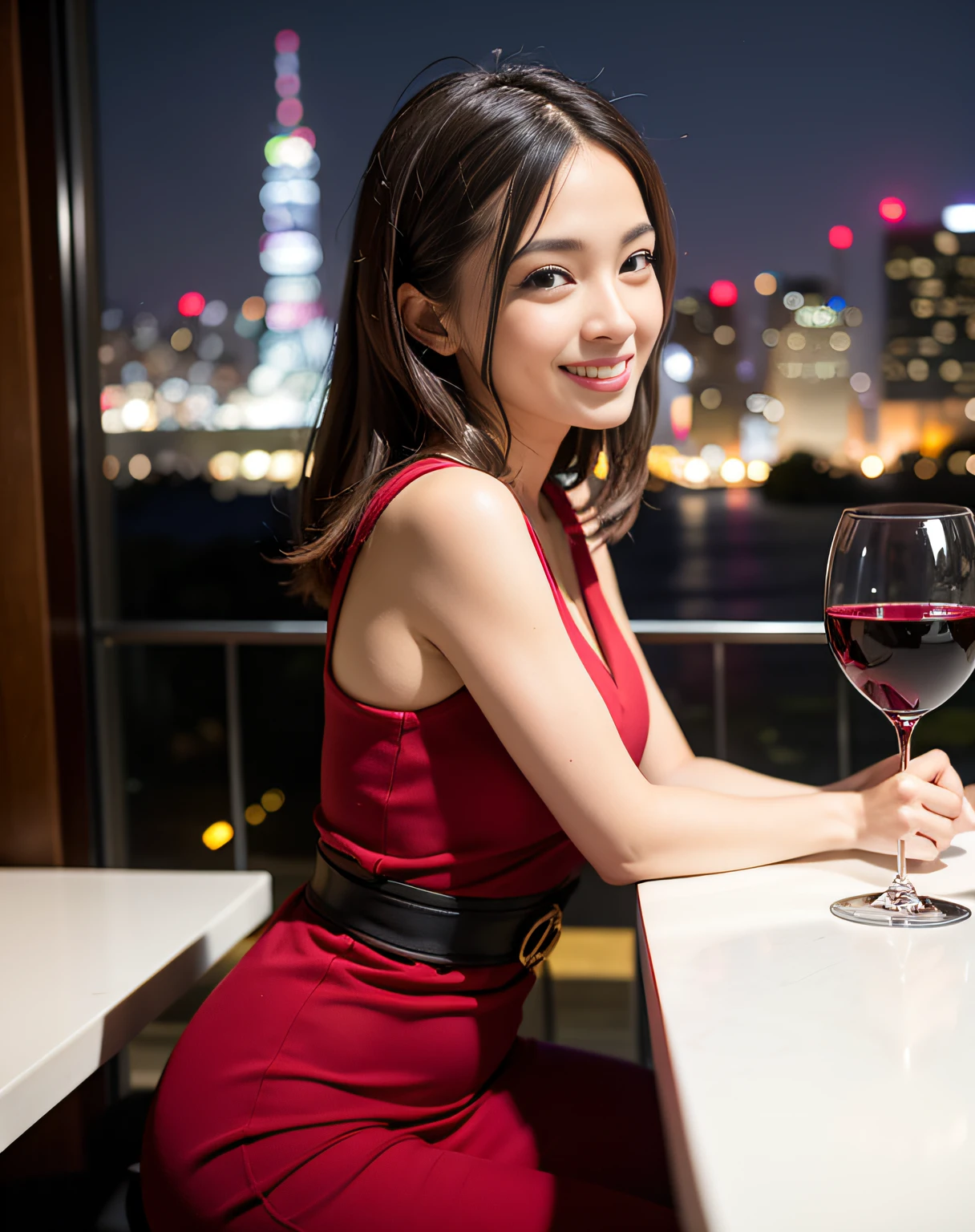 (64K, UHD, top quality, masterpiece: 1.2), (realistic, photorealistic: 1.37), super detailed, pretty woman 1 person, (slim face), (slim body), (brown hair), (short cut), cheeks slightly blushing, (44 years old), 38 years old, solo, beautiful detailed urban night view outside the window, restaurant, wine glasses sit, at night, in a prominent placeNovaFrogStyle, Actress, Model, Waist Up, White Wine, Slim, Wine Glass, Super Clean Night View, Wine Glass Put in the Middle, Happy Smile, (Smile: 1.15), Beautiful Fine Eyes, Upper Body, Bust Japan Up, Night, Short, Short, Actress, Model, Waist Up, White Wine, Slim, Wine Glass, Super Clean Night View, Wine Glass Put in the Middle, Happy Smile,