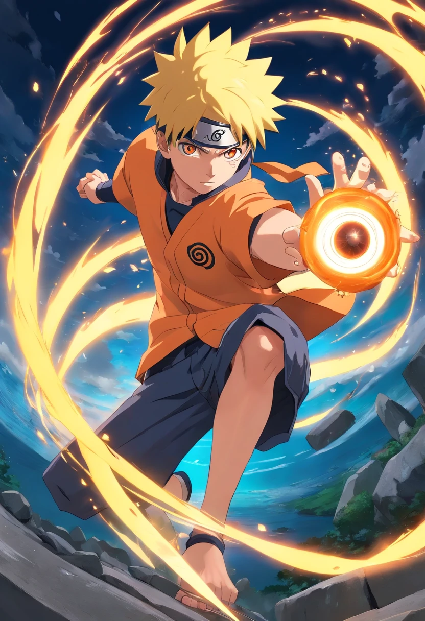 An incredibly detailed illustration of Naruto Uzumaki using his rasengan technique, Combat Position, incredible details, sombras perfeitas, Dynamic background, estilo de desenho hiper-realista.