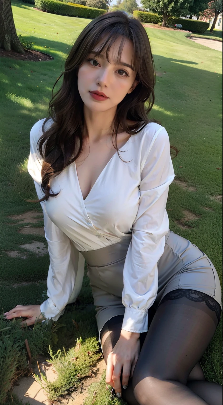waved hair，By bangs，mature，Heavy makeup，lacepantyhose，On the lawn