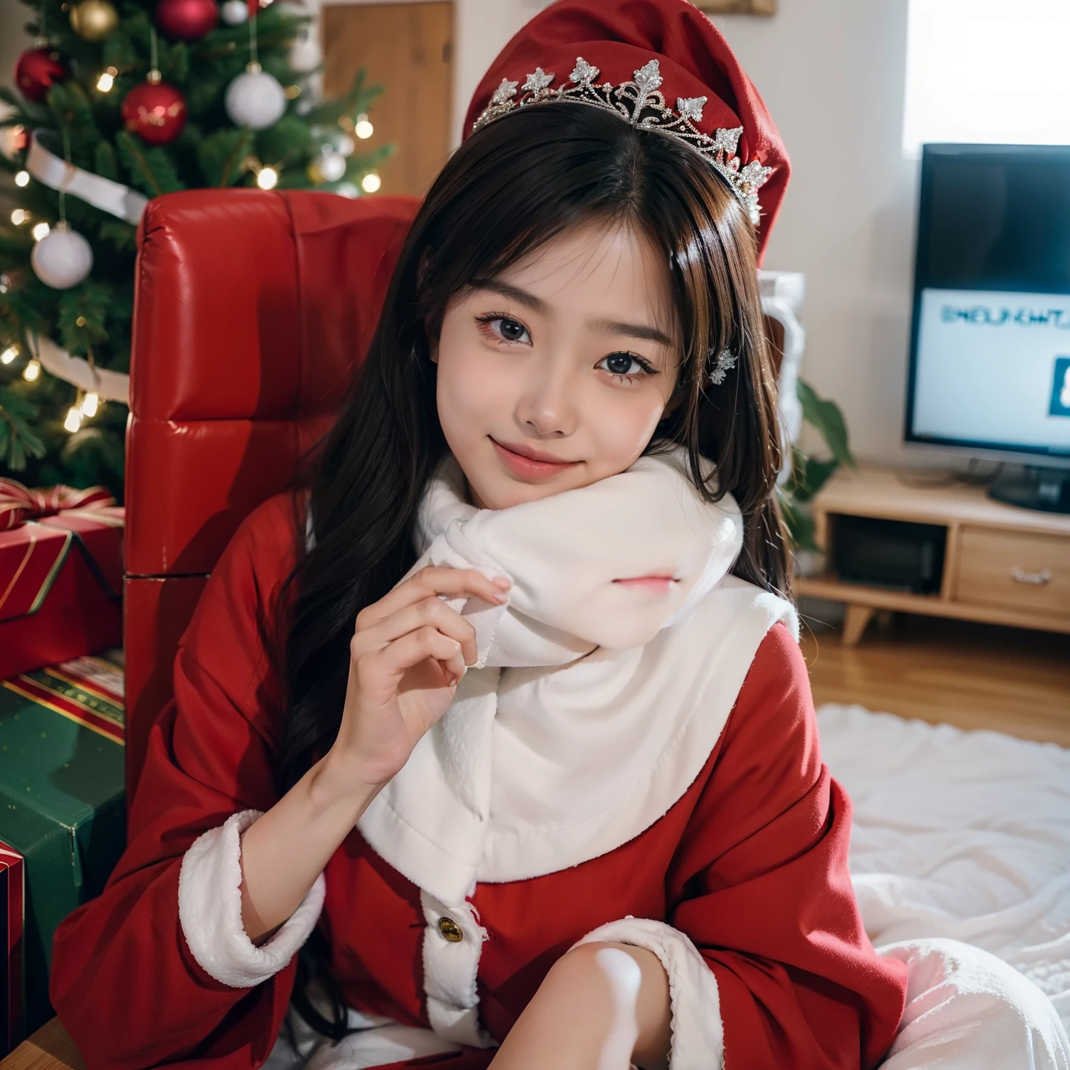 (One girl:1.5)、、a beauty girl、Christmas Costumes、Santa Claus Costume、kawaii、HDTV、hiquality、Super beautiful、Super masterpiece、Beautiful skin、perfect hand、Perfect fingers、8K、A slight smil、Super beautiful、8K、realisitic、HDTV、proffesional、nffsw、top-quality、Super masterpiece、
