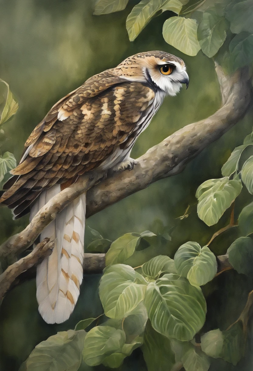 (best quality,ultra-detailed)A snake with the head of an owl,(watercolor,painted with watercolor),(vivid colors:1.1),(fine lines,delicate brushstrokes),(detailed feathers),(striking eyes),(whimsical),(dreamlike),(mysterious),(contrast of light and shadow),(ethereal),(subtle transition of colors),(harmonious composition),(soft and gentle),(lush greenery),(serene background),(captivating),(surreal),(subtle magic),(intricate)(graceful movement)
