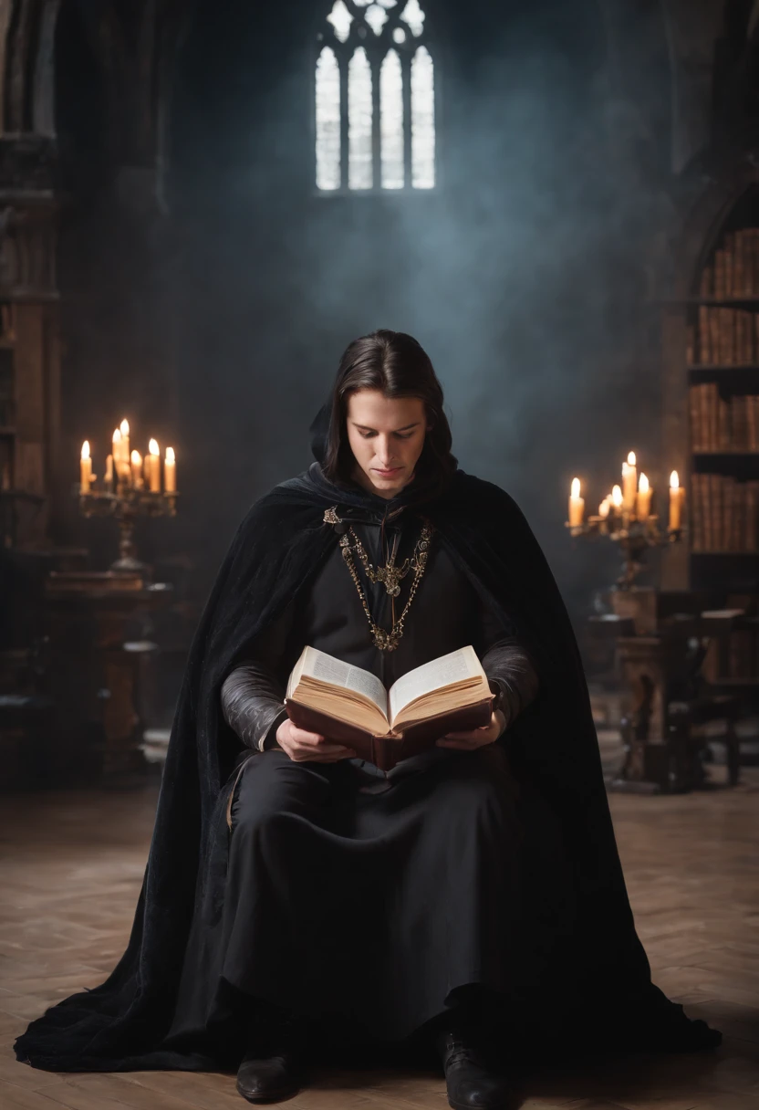 frontal image of a ralist mage with a black cape, reading a book surrounded by magic that floats in front of the mage, in a dark library, with a throne in the background and a light fog on the floor