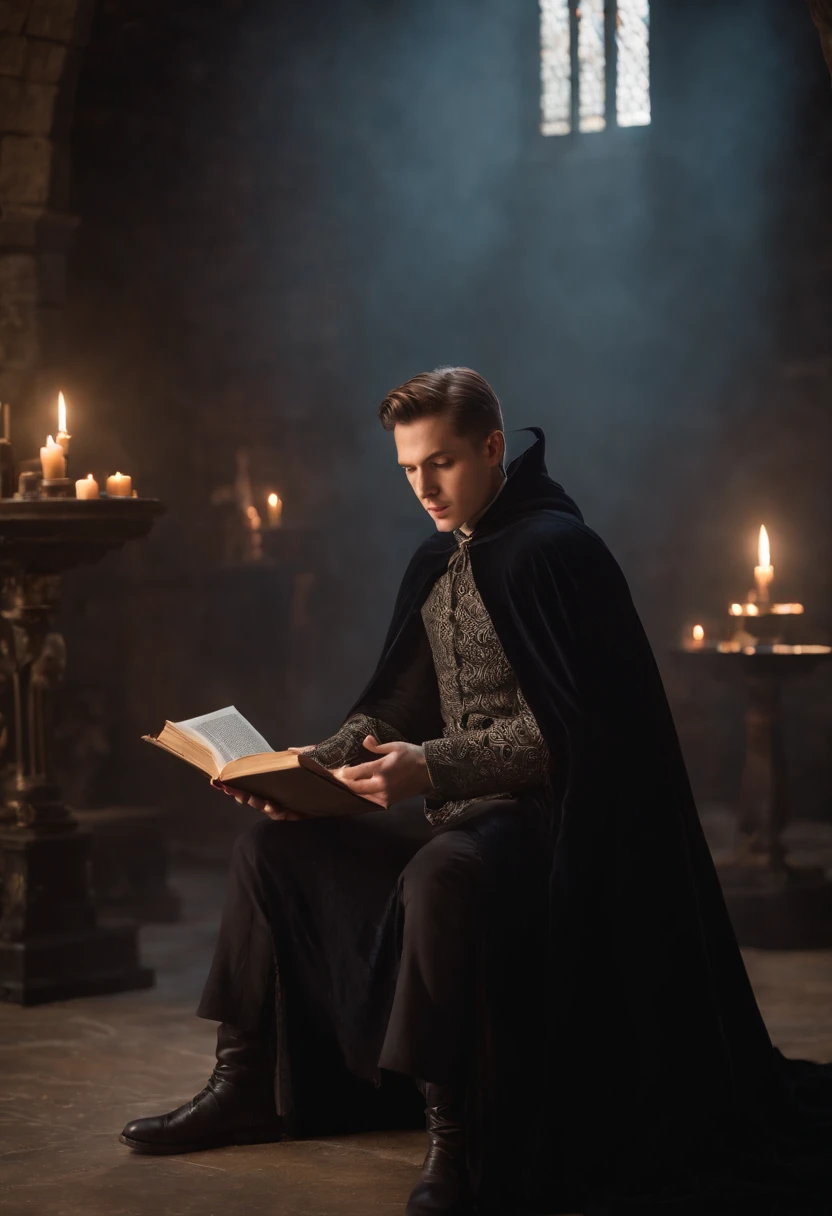 frontal image of a ralist mage with a black cape, reading a book surrounded by magic that floats in front of the mage, in a dark library, with a throne in the background and a light fog on the floor
