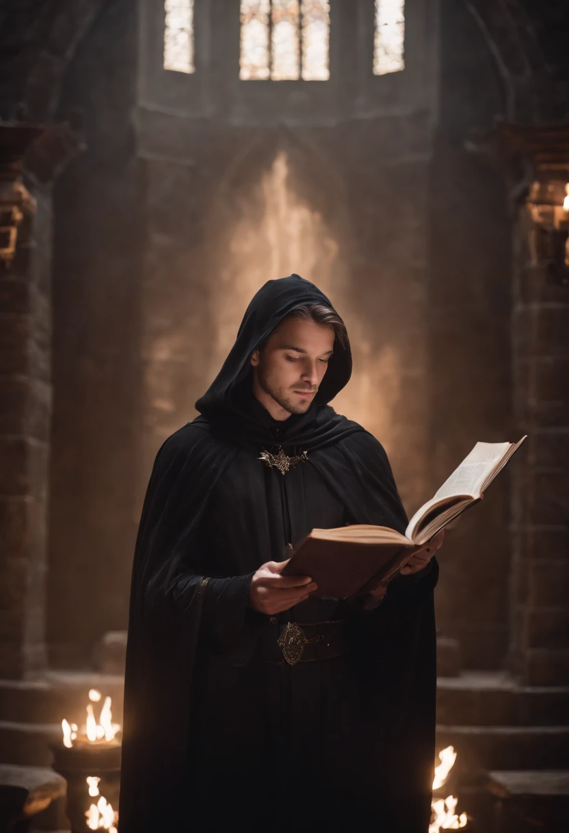 frontal image of a ralist mage with a black cape, reading a book surrounded by magic that floats in front of the mage, in a dark library, with a throne in the background and a light fog on the floor