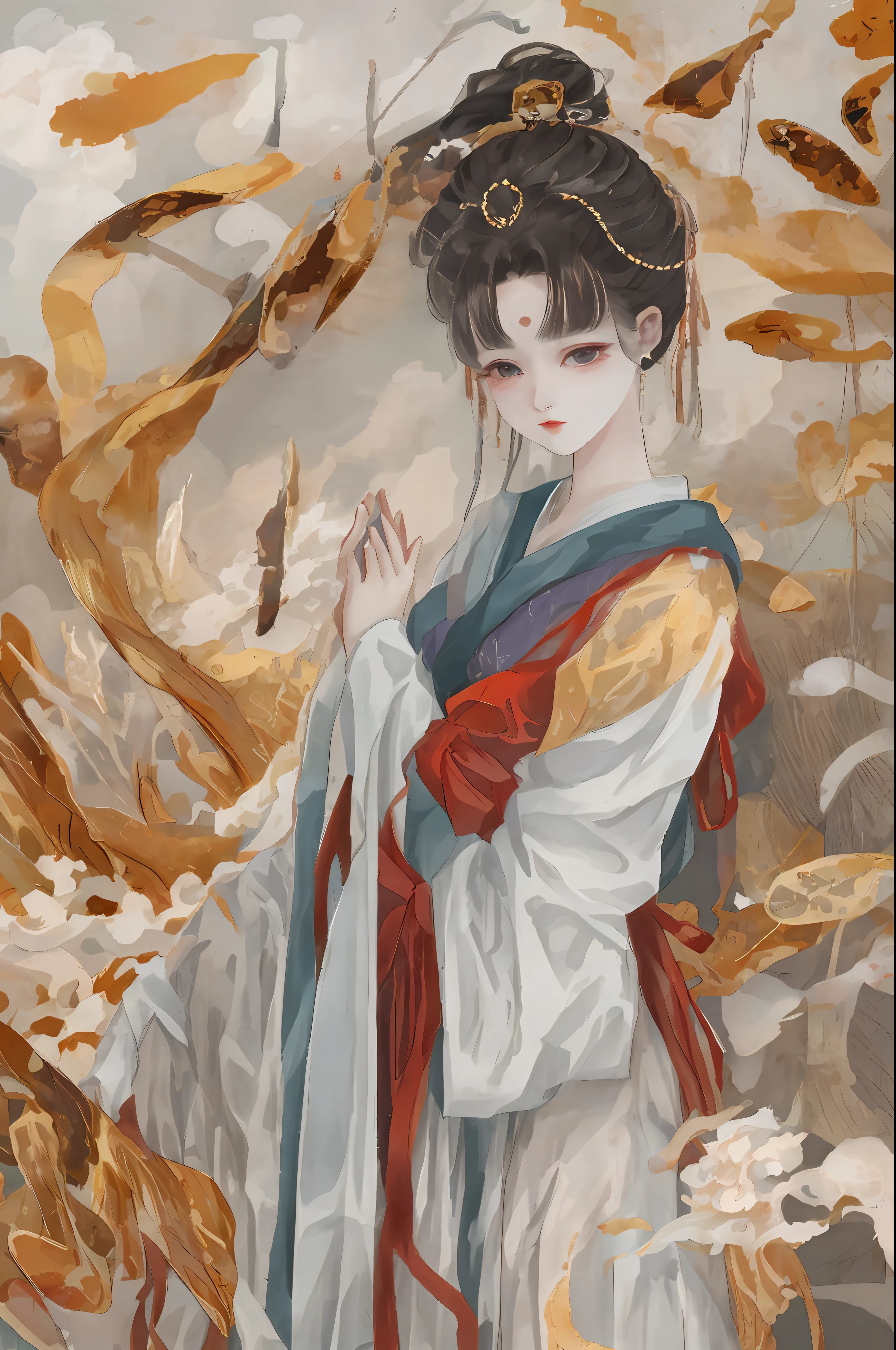 An ancient Chinese beauty sitting on a stone, wearing ancient Chinese clothing, flowing tulle, light silk, lazy posture, large lotus leaf, lotus, ink painting style, clean color, decisive cutting, blank, freehand, masterpiece, super detailed, epic composition, high quality, the highest quality, 4k --v 6
