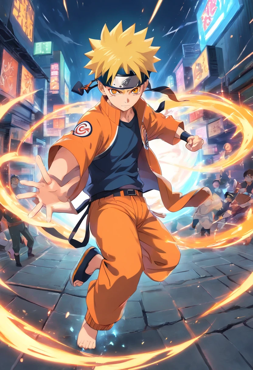 An incredibly detailed illustration of Naruto Uzumaki using his rasengan technique, Combat Position, incredible details, sombras perfeitas, Dynamic background, estilo de desenho hiper-realista.
