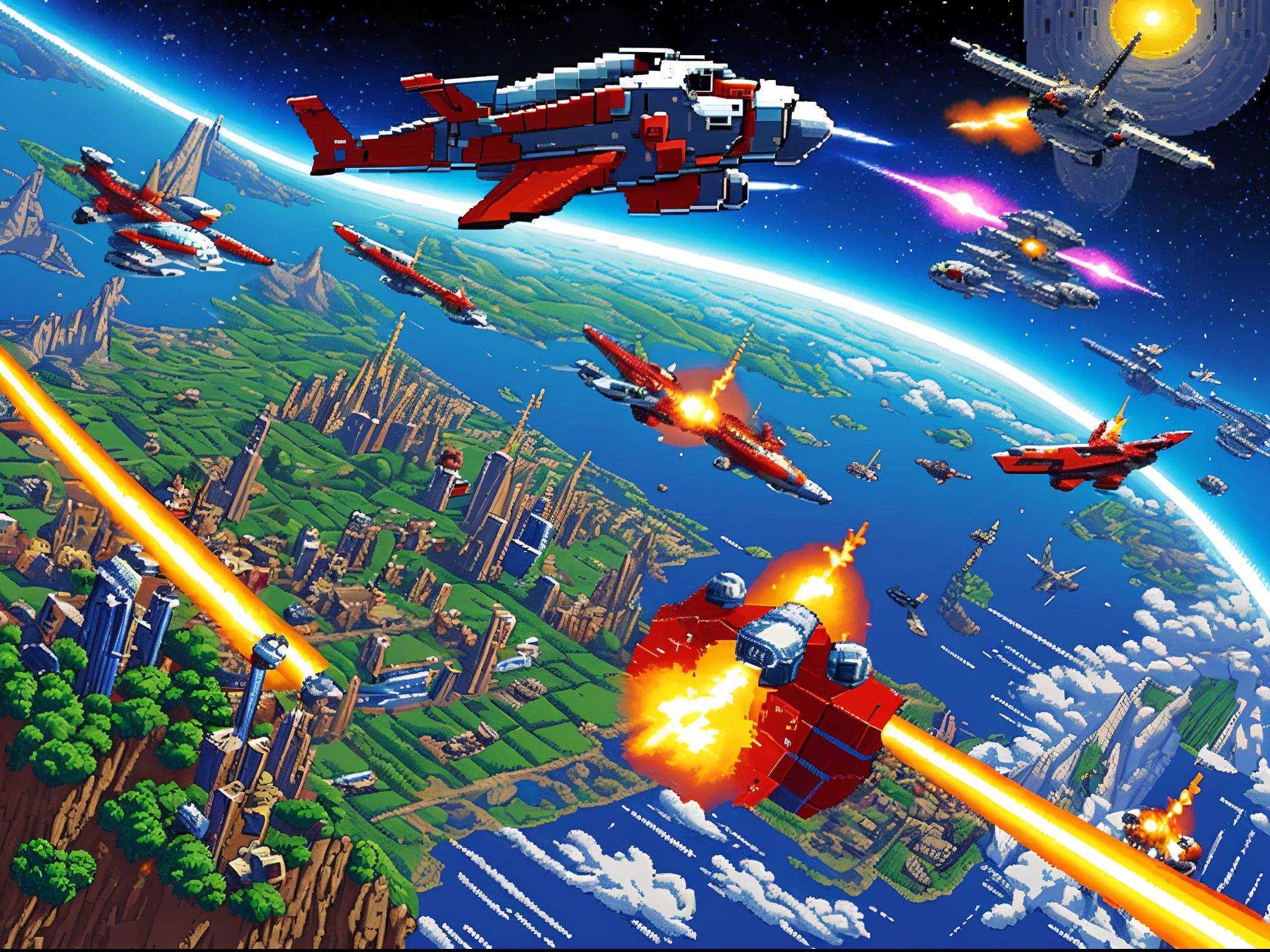 retro gaming, 16-bit video games, Pixel Games, Shooter, (Fighters launching laser missiles: 1.5), Score display, Pixel art, 2D horizontal scrolling game, (Giant creatures stand in the way: 1.5), Score display, High quality, masutepiece, High resolution, spaces, Spaceship, planet, dam