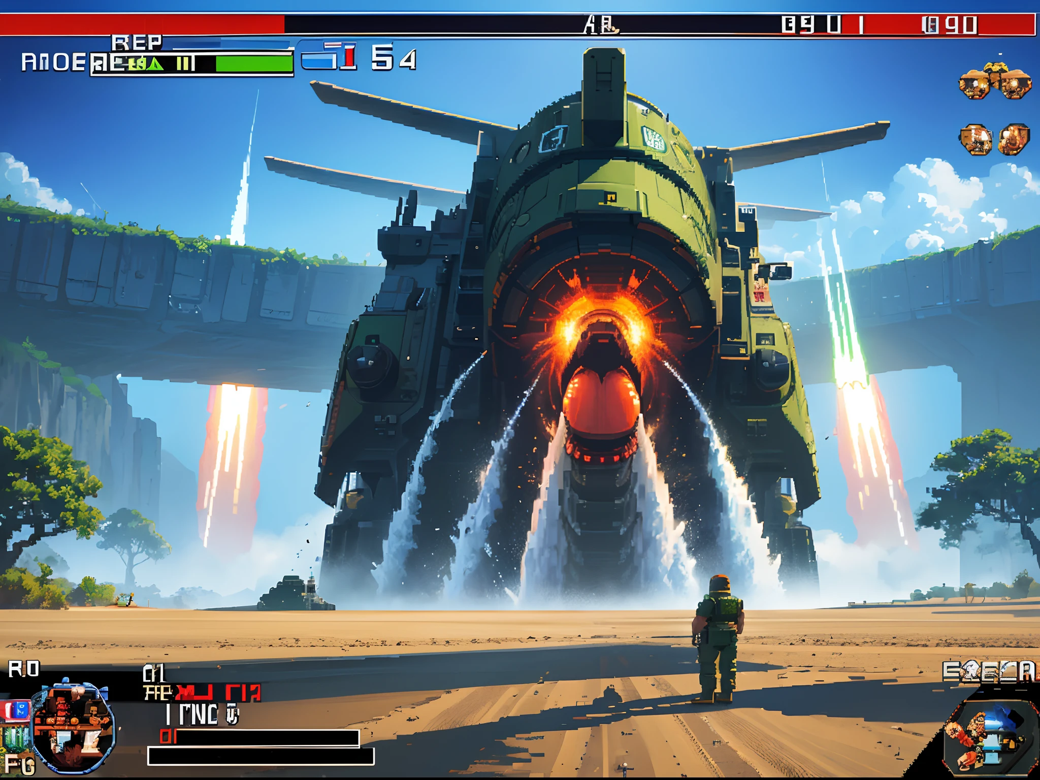 Retro game, 16-bit video game, Pixel game, Shooter, (Fighter plane firing missiles: 1.5), Score display, Pixel art, 2D horizontal scrolling game, (Giant creature stands in the way: 1.5), Score display, High quality na, master piece, high resolution