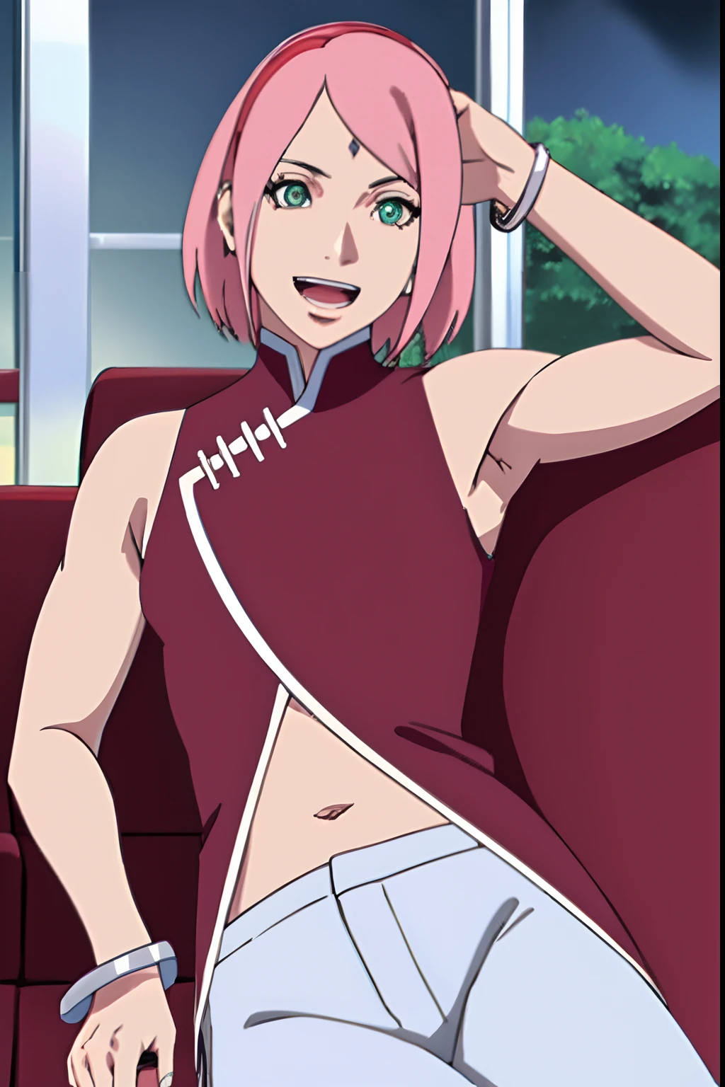 masterpiece, 4k, portrait, cowboy shot, (night), professional artwork, intricate details, colorful, digital blending, (ultra detailed body, ultra detail hair, ultra detail face), trending on pixiv, kind smile, best quality, anime style: 1.9, 1girl, hires, haruno sakura, (forehead mark, milf, red hairband, pale skin, (small breasts), short hair, ((red sleeveless dress,), white pants), (navel, belly button, slender body, slender belly, bracelet, pink hair, (open mouth), big eyes), smile, beach, wind, floating hair, detailed arms, off-shoulders, broad shoulders, (biceps lines), armpit on couch, rips, , fancy couch, relaxing, (hand leaning on couch, laying, talking, looking at the viewer, showing armpit, (talking while showing armpits))