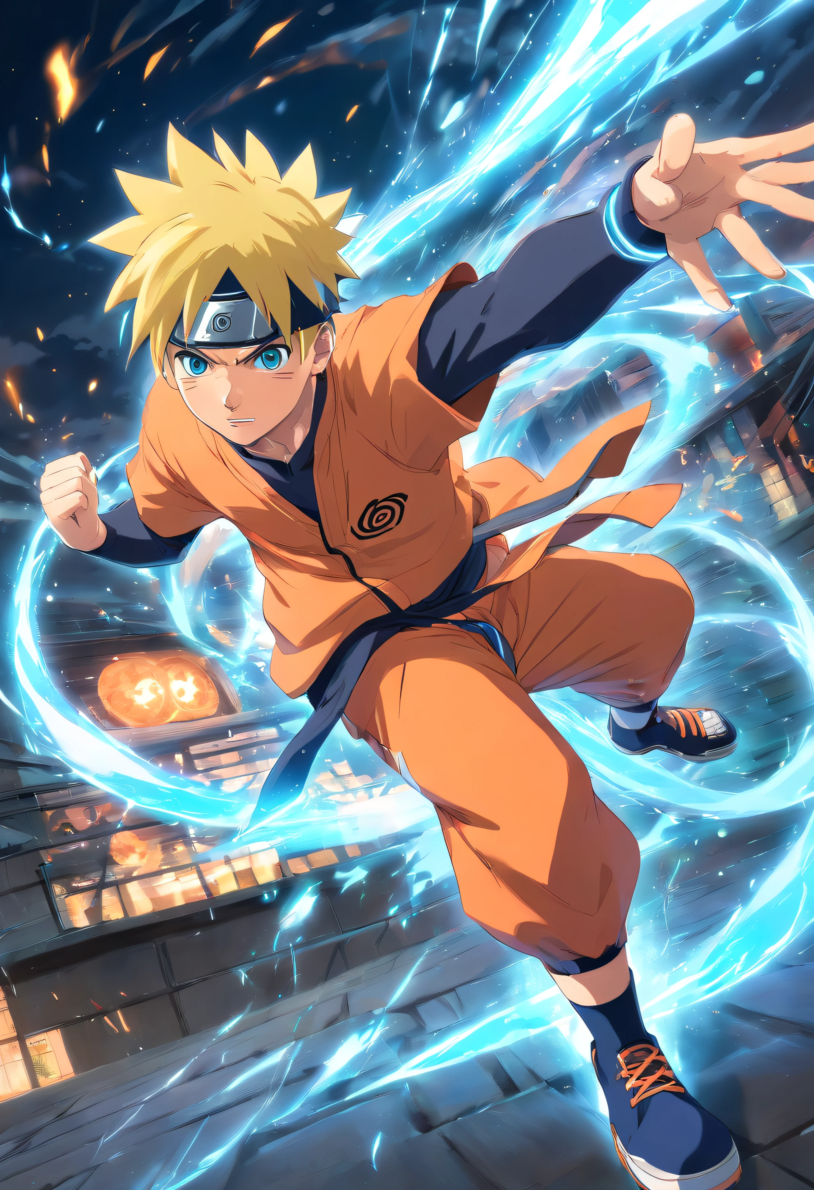 An incredibly detailed illustration of Naruto Uzumaki using his rasengan technique, Combat Position, incredible details, sombras perfeitas, Dynamic background, estilo de desenho hiper-realista.