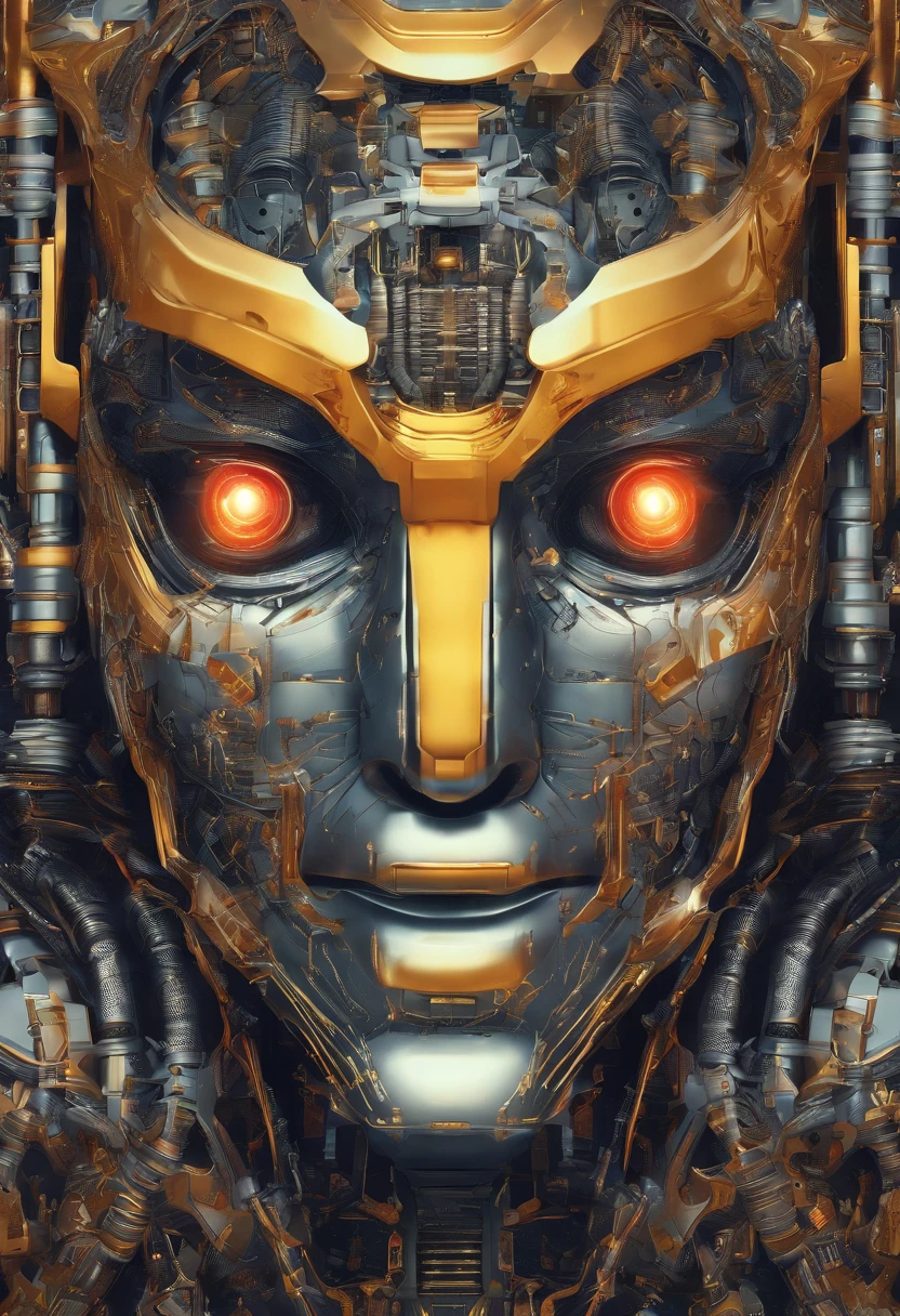 The body of the robot and the face of the person., glowing light eyes, Biomechanical,The combination of meat and machinery,Parts weird, Creepy, nightmarish, Very bright colors, Light particles, with light glowing, Mshiv, wallpaper art, UHD wallpaper