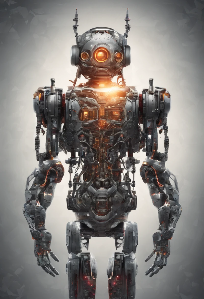 The body of the robot and the face of the person., glowing light eyes, Biomechanical,The combination of meat and machinery,Parts weird, Creepy, nightmarish, Very bright colors, Light particles, with light glowing, Mshiv, wallpaper art, UHD wallpaper