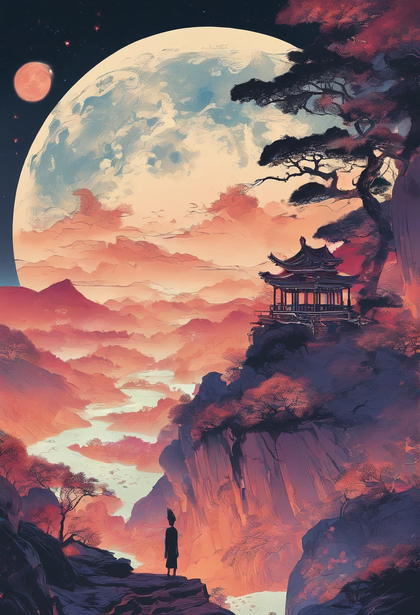 A poet who drinks to the month,Tang Feng,Ultra-long-range viewing angle,The moon shines,A poet on the edge of a cliff,Ultra-long-range viewing angle